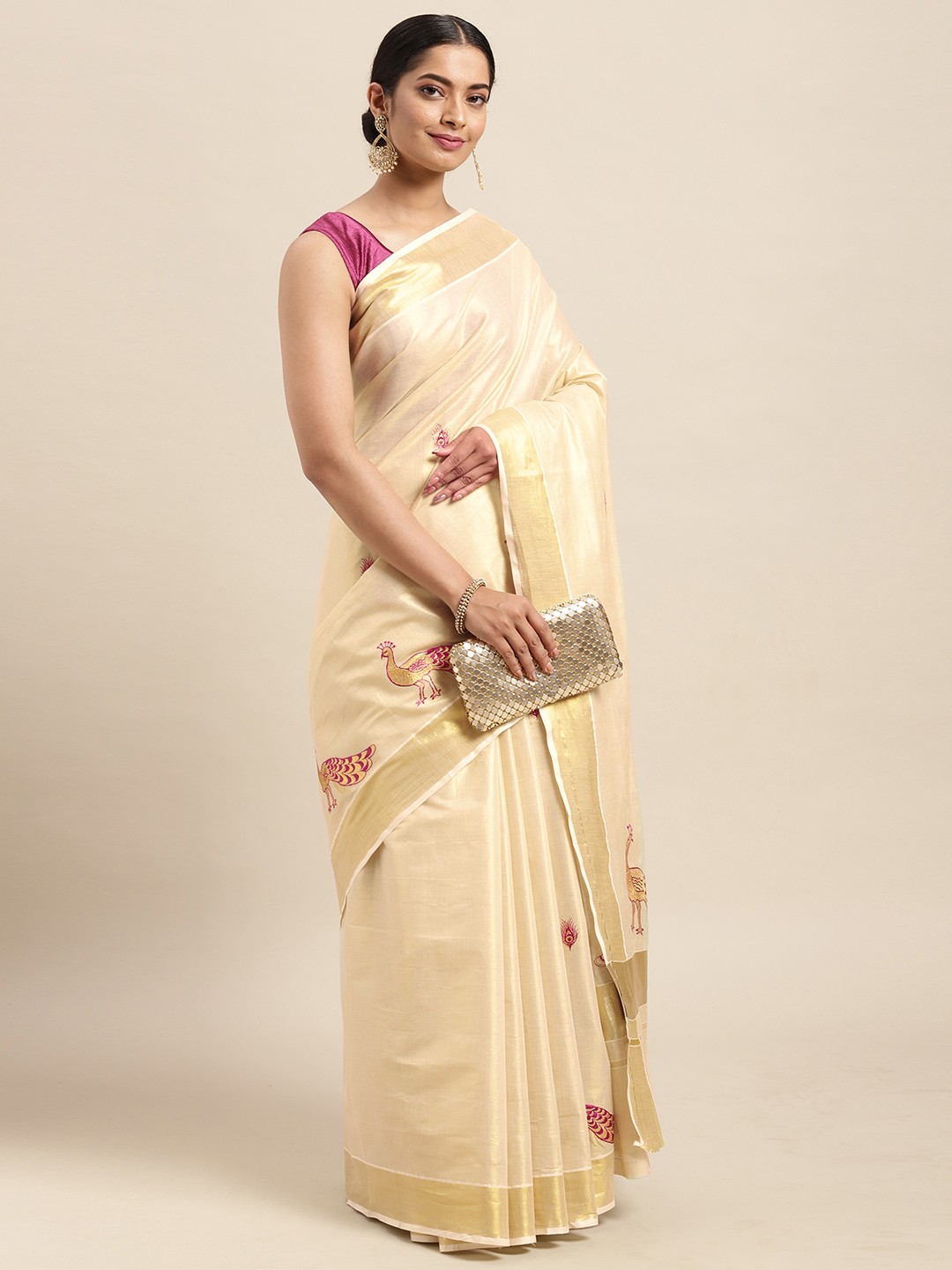 

Thara Sarees Cream-Coloured & Golden Handloom Embroidered Zari Pure Cotton Kasavu Saree