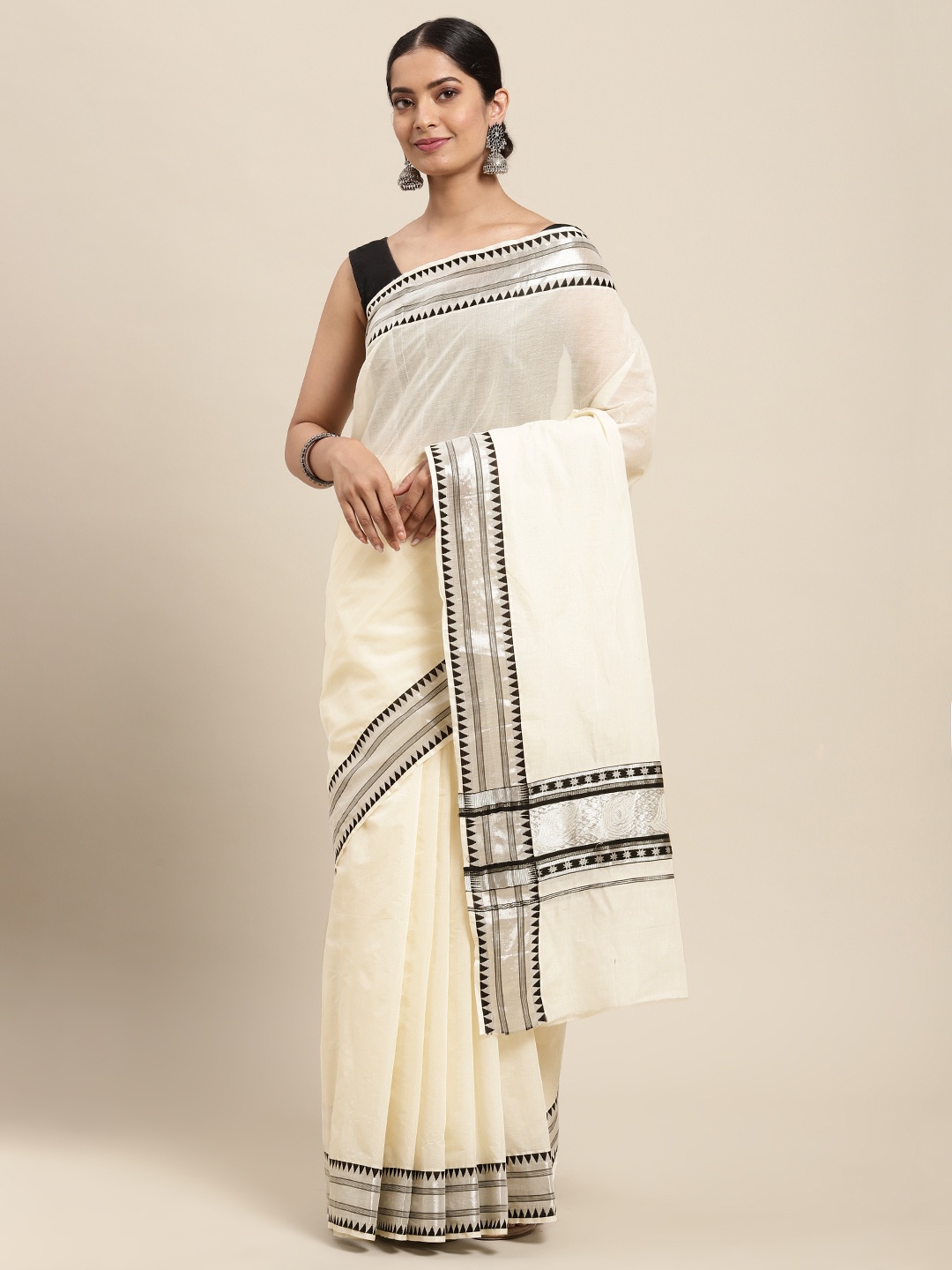 

Thara Sarees Women Off White & Black Zari Woven Design Pure Cotton Kasavu Saree