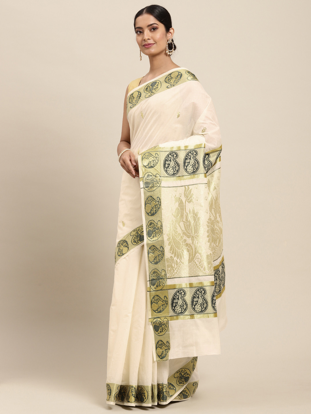 

Thara Sarees Off White & Golden Handloom Ethnic Motifs Zari Pure Cotton Kasavu Saree
