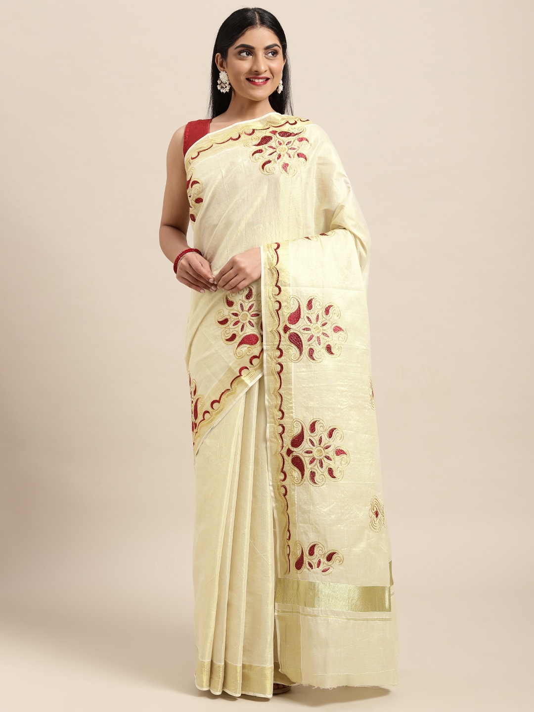 

Thara Sarees Cream-Coloured & Maroon Handloom Embroidered Zari Pure Cotton Kasavu Saree