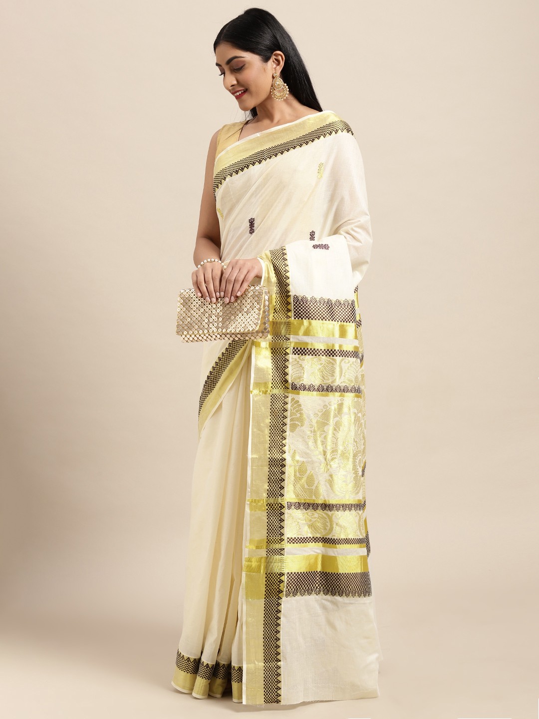 

Thara Sarees Off White & Golden Handloom Ethnic Motifs Zari Pure Cotton Kasavu Saree