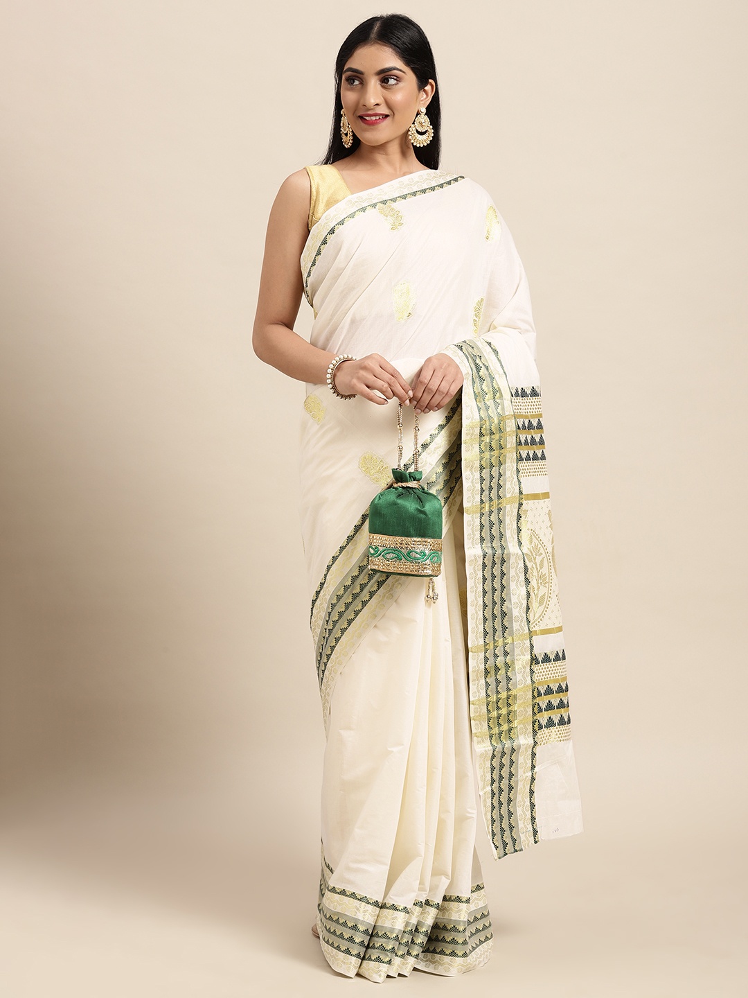

Thara Sarees Off White & Golden Handloom Ethnic Motifs Zari Pure Cotton Kasavu Saree