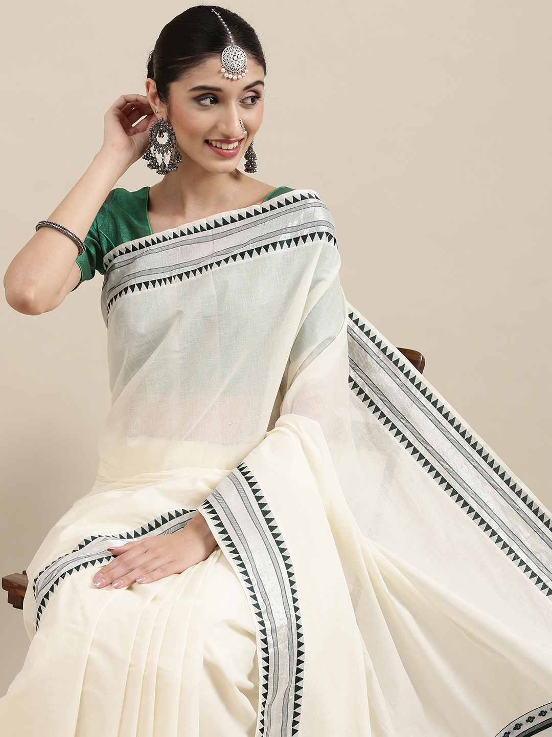 

Thara Sarees Women Off White & Green Woven Design Zari Pure Cotton Kasavu Saree