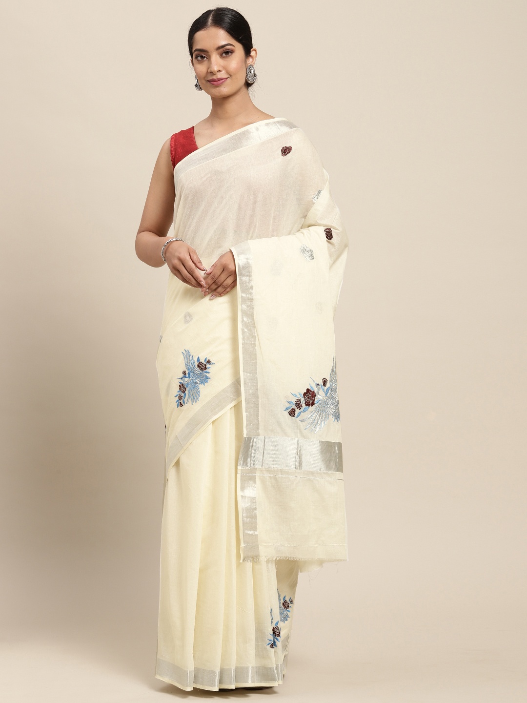 

Thara Sarees Women Off White & Blue Ethnic Motifs Embroidered Pure Cotton Kasavu Saree