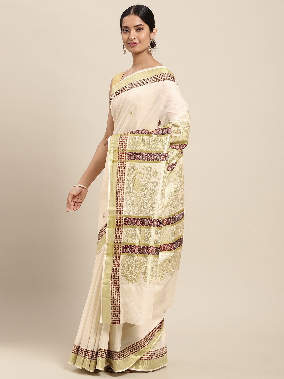 

Thara Sarees Off White & Golden Handloom Zari Work Pure Cotton Kasavu Saree