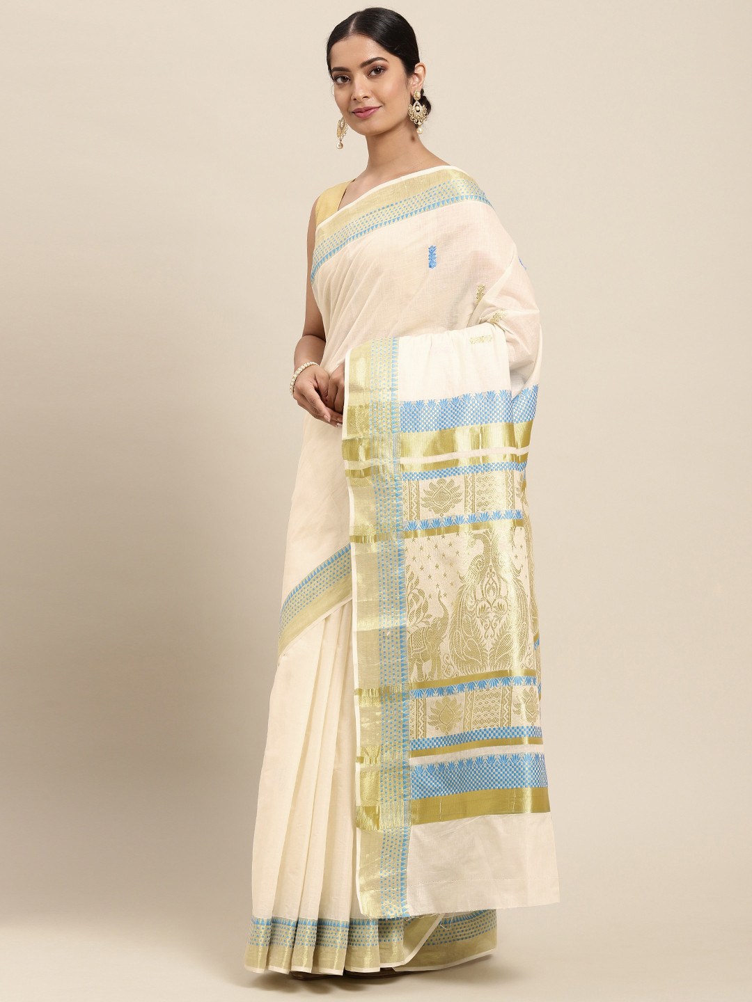 

Thara Sarees Off White & Golden Handloom Zari Work Pure Cotton Kasavu Saree