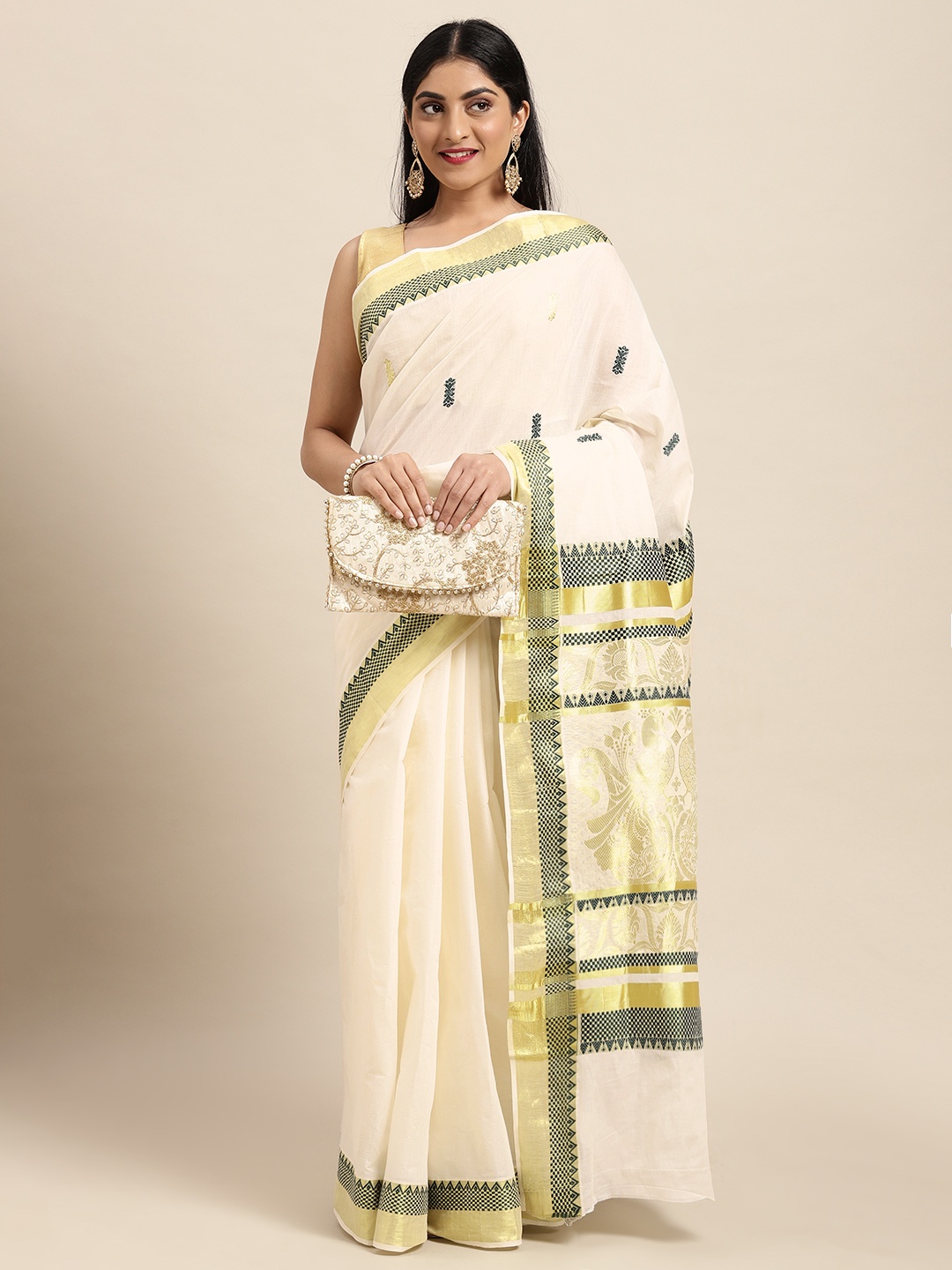 

Thara Sarees Off White & Golden Handloom Ethnic Motifs Zari Pure Cotton Kasavu Saree