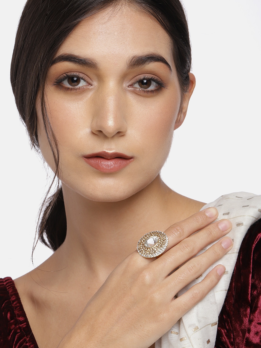

I Jewels White Gold-Plated Studded Adjustable Finger Ring