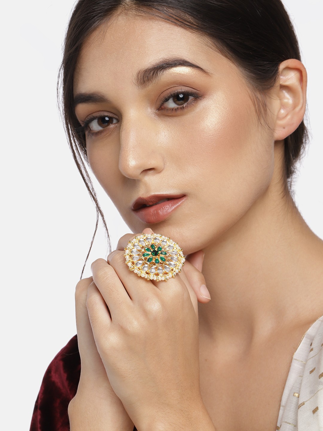 

I Jewels Gold-Plated White & Green Kundan-Studded Pearl Finger Ring