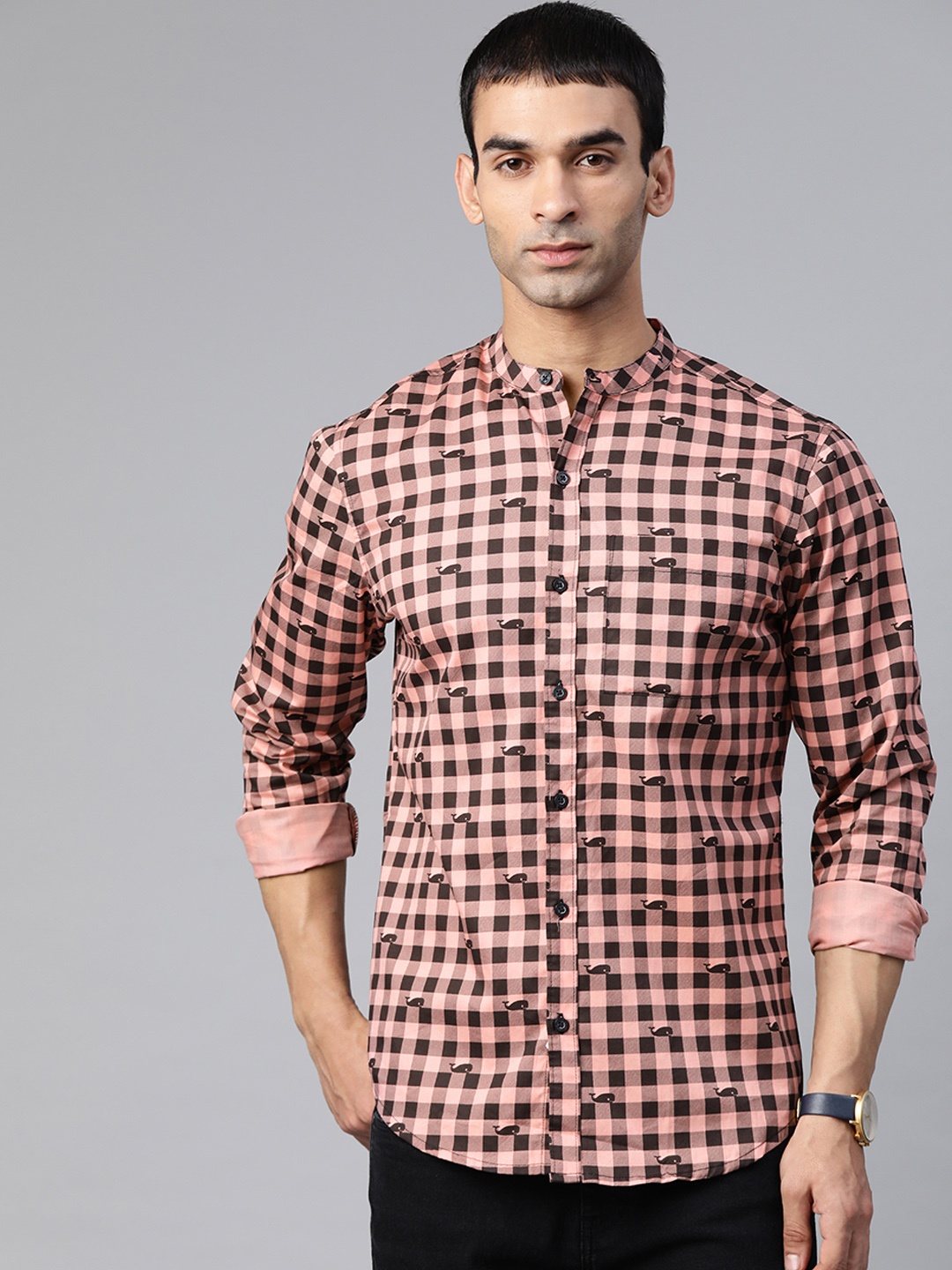 

Hubberholme Men Peach-Coloured Checked Pure Cotton Casual Shirt