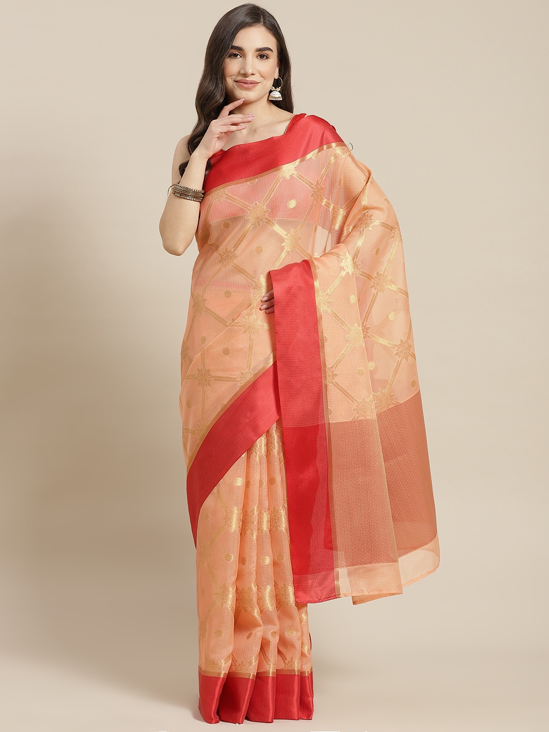 

Chhabra 555 Peach-Coloured & Red Geometric Zari Silk Blend Jamdani Saree
