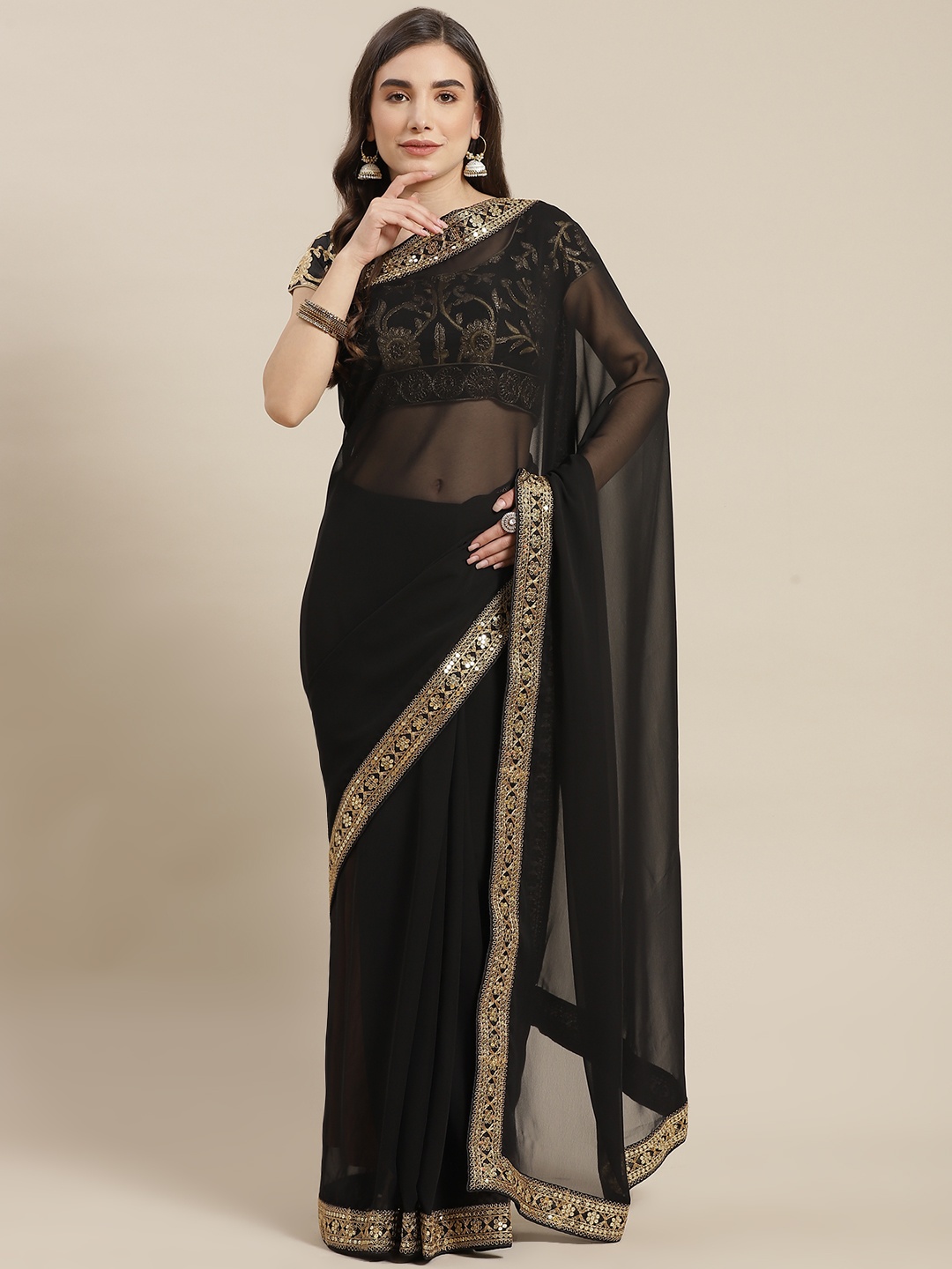 Chhabra 555 Black & Gold-Toned Sequinned Border Saree