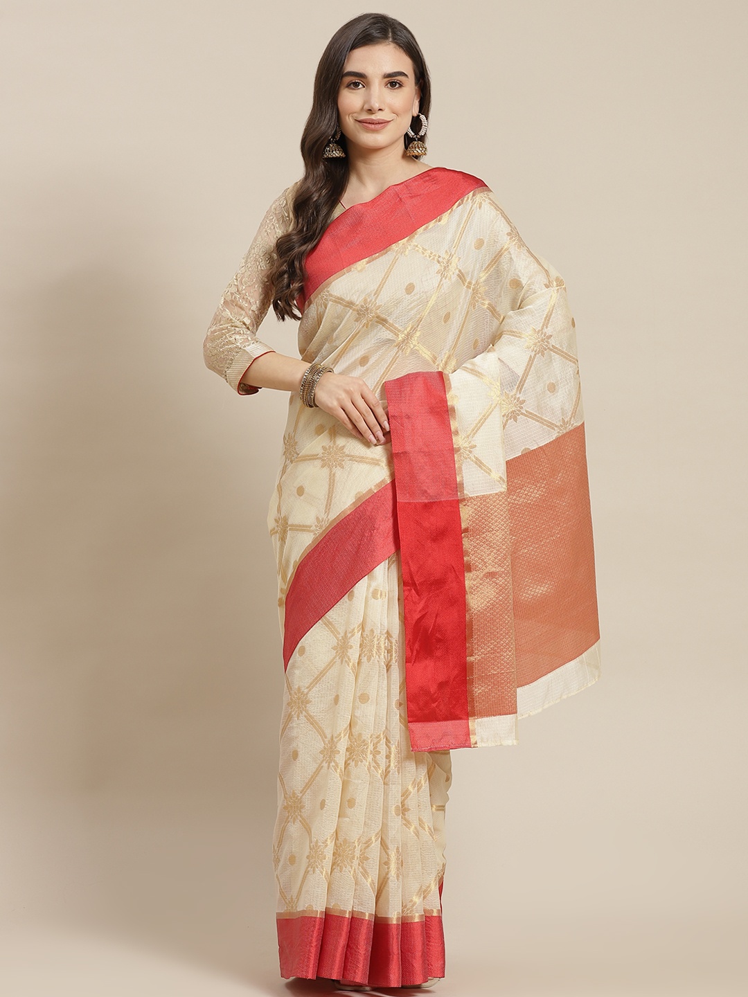 

Chhabra 555 Cream-Coloured & Red Geometric Zari Silk Blend Jamdani Saree