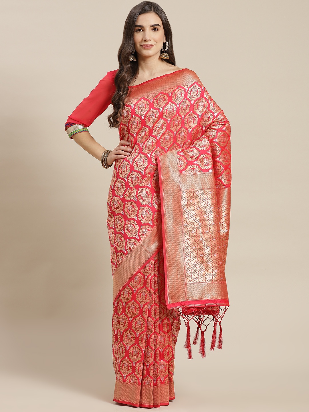 

Chhabra 555 Coral Ethnic Motifs Zari Silk Blend Banarasi Saree