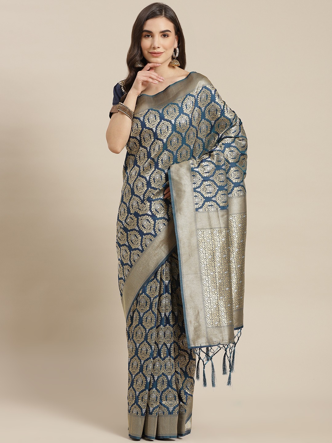 

Chhabra 555 Blue & Gold-Toned Ethnic Motifs Zari Silk Blend Banarasi Saree