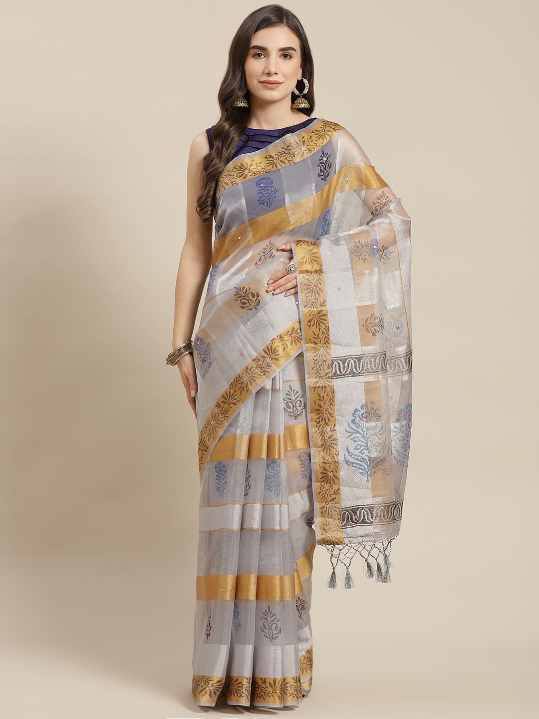 

Chhabra 555 Grey & Silver-Toned Floral Mirror Work Tissue Block Print Saree