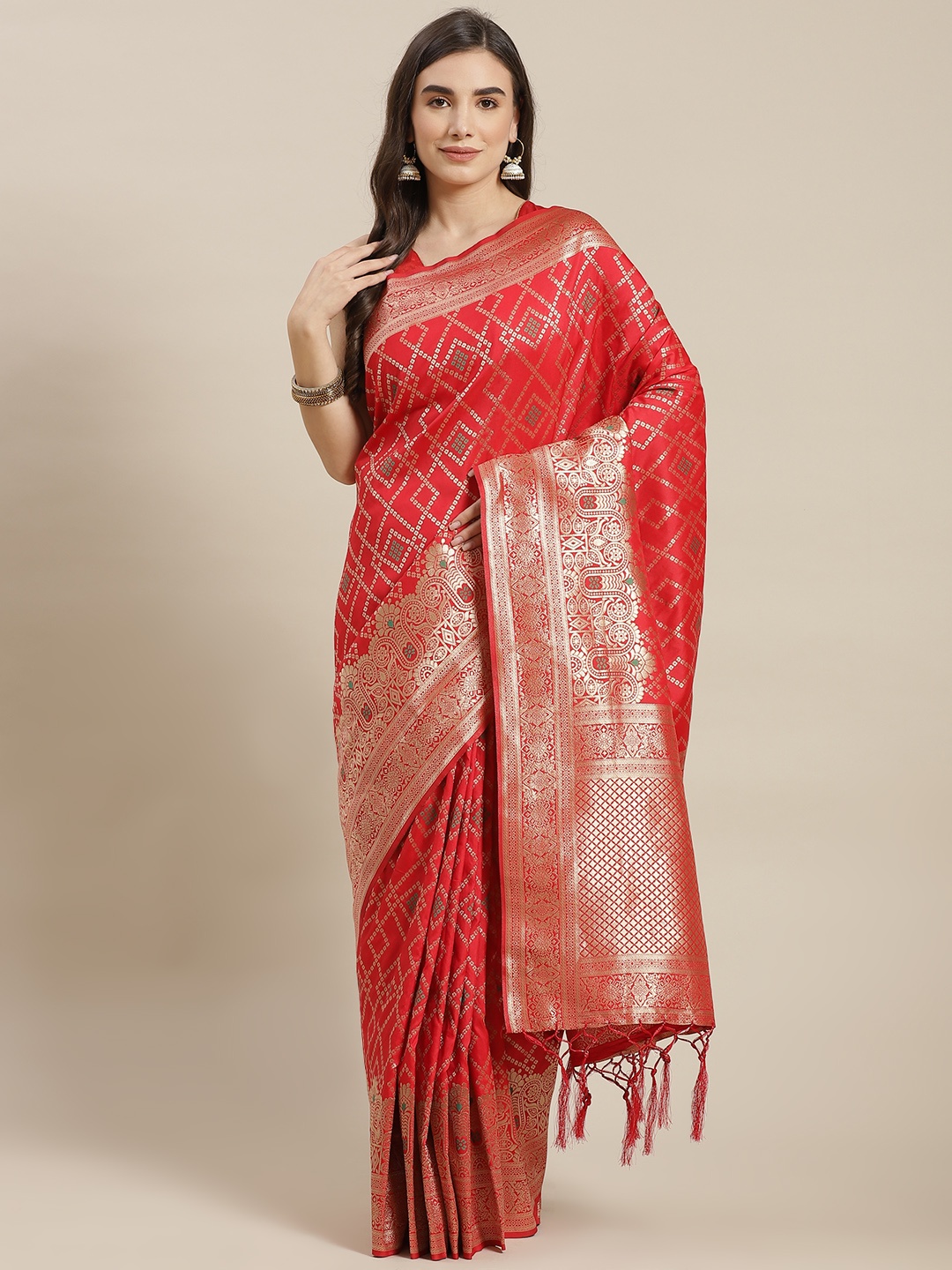 

Chhabra 555 Red & Gold-Toned Geometric Zari Silk Blend Banarasi Saree