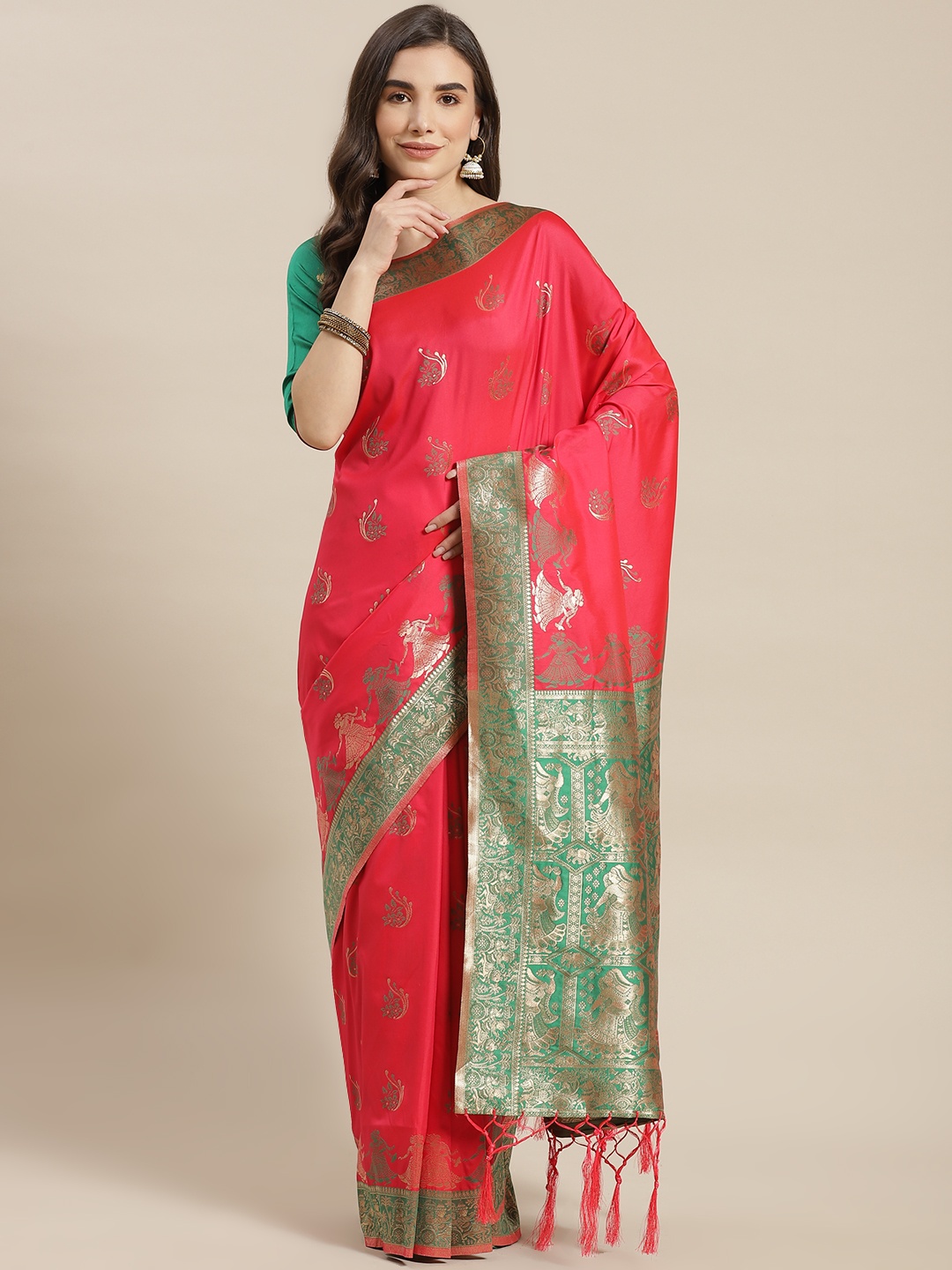 

Chhabra 555 Pink & Green Ethnic Motifs Zari Silk Blend Baluchari Saree