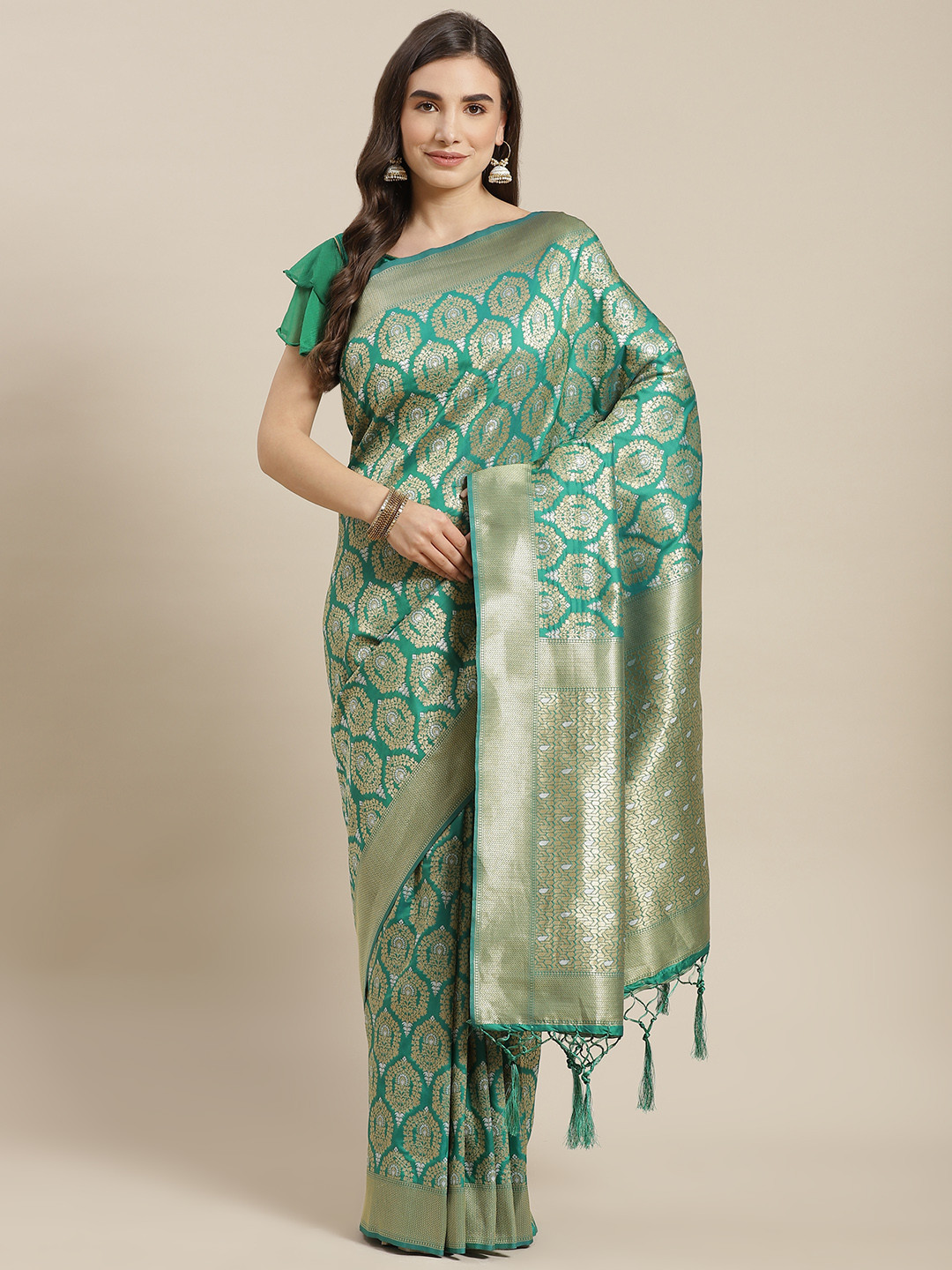 

Chhabra 555 Green Ethnic Motifs Zari Silk Blend Banarasi Saree