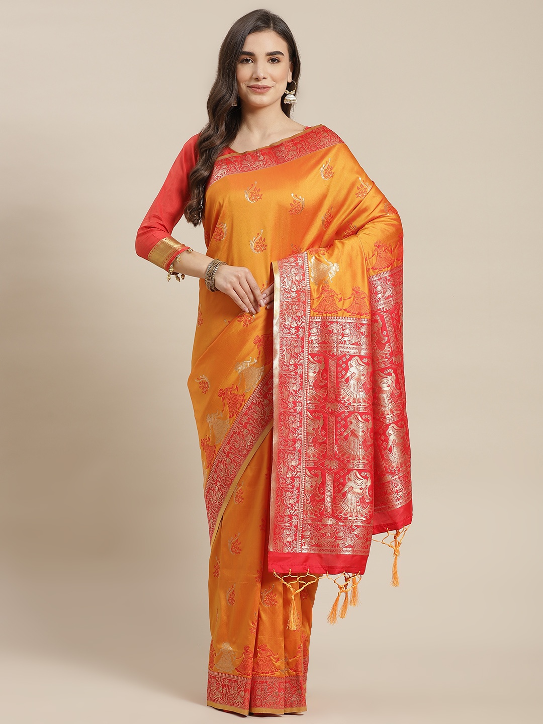 

Chhabra 555 Mustard Yellow & Red Ethnic Motifs Zari Silk Blend Baluchari Saree