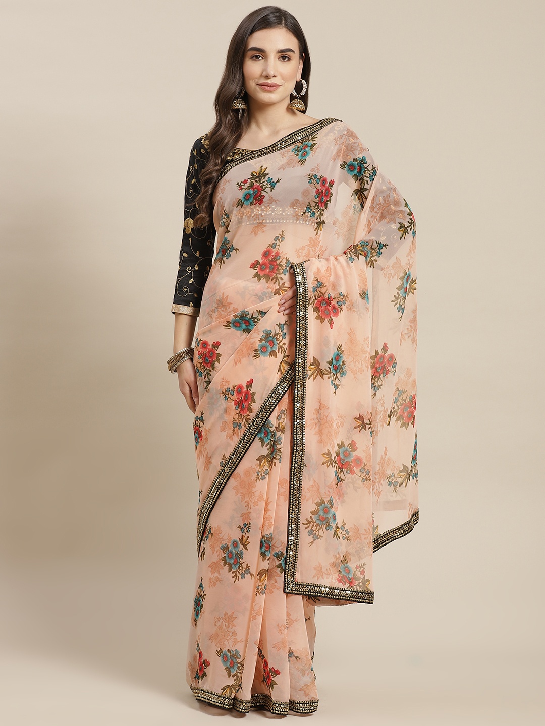 

Chhabra 555 Peach-Coloured Floral Sequinned Saree