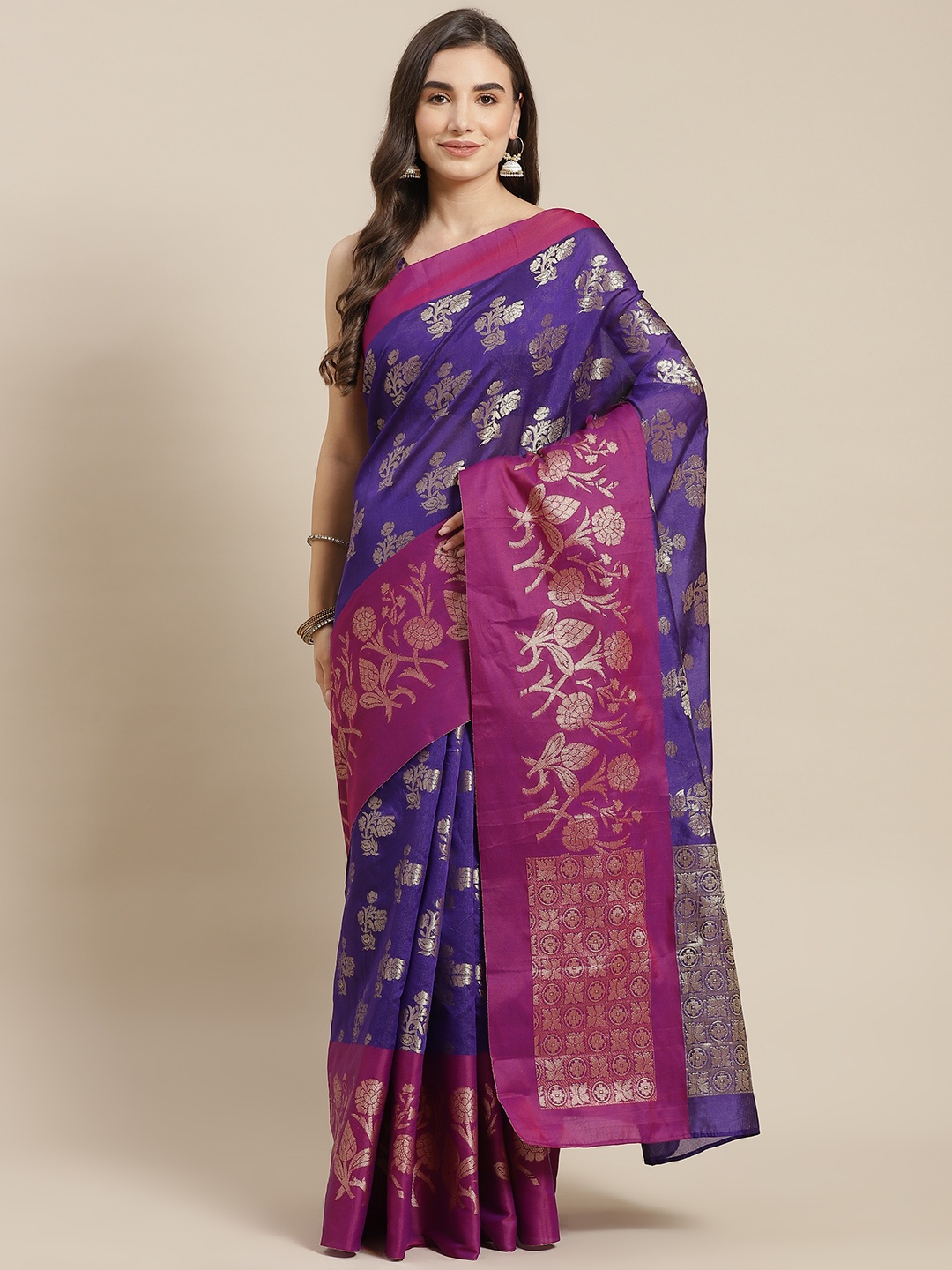 

Chhabra 555 Navy Blue & Purple Floral Zari Silk Blend Jamdani Saree