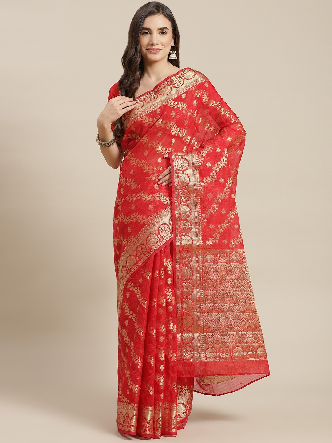 

Chhabra 555 Red & Gold-Toned Ethnic Motifs Zari Silk Blend Jamdani Saree
