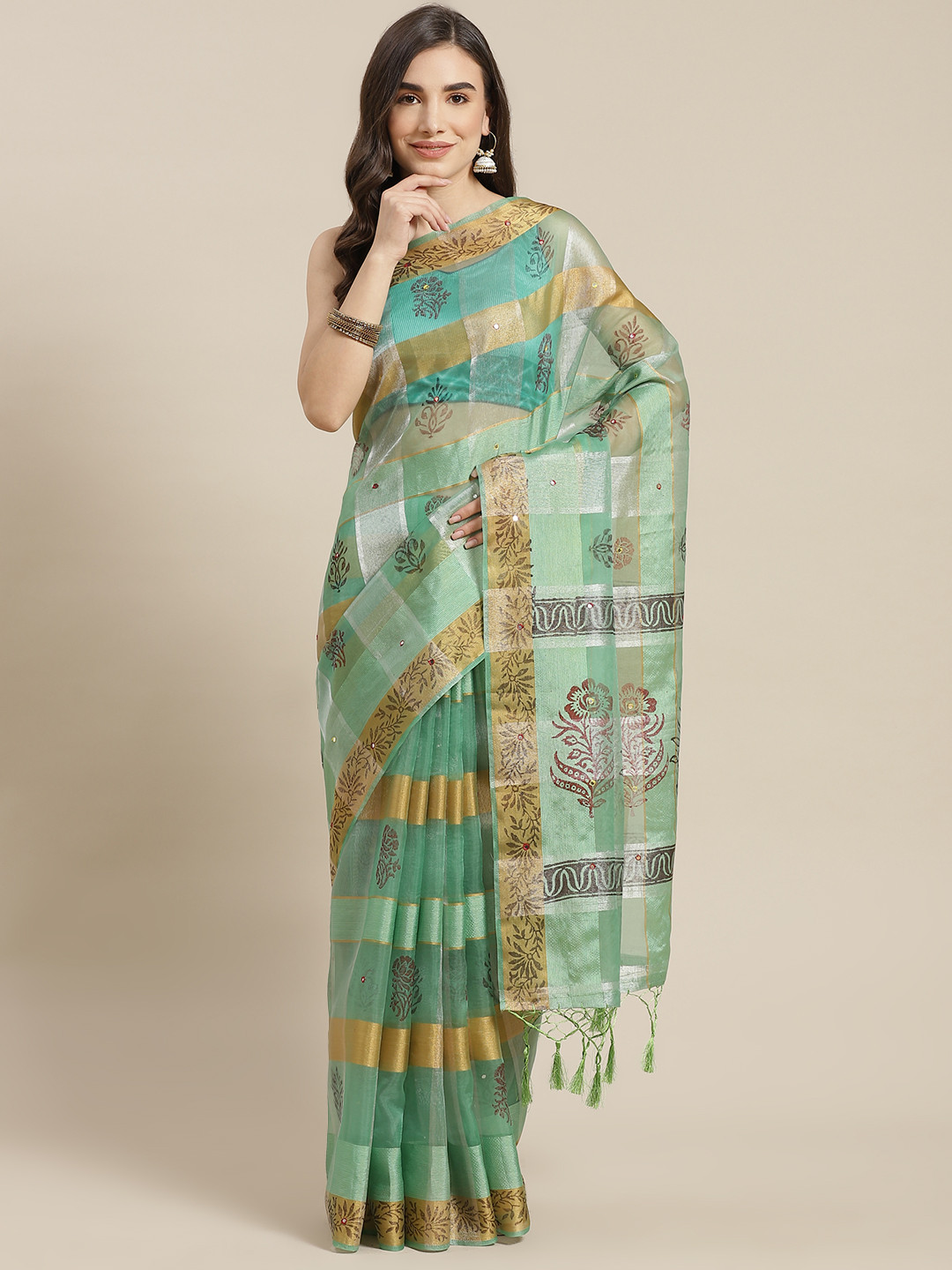 

Chhabra 555 Sea Green Floral Mirror Work Tissue Block Print Saree