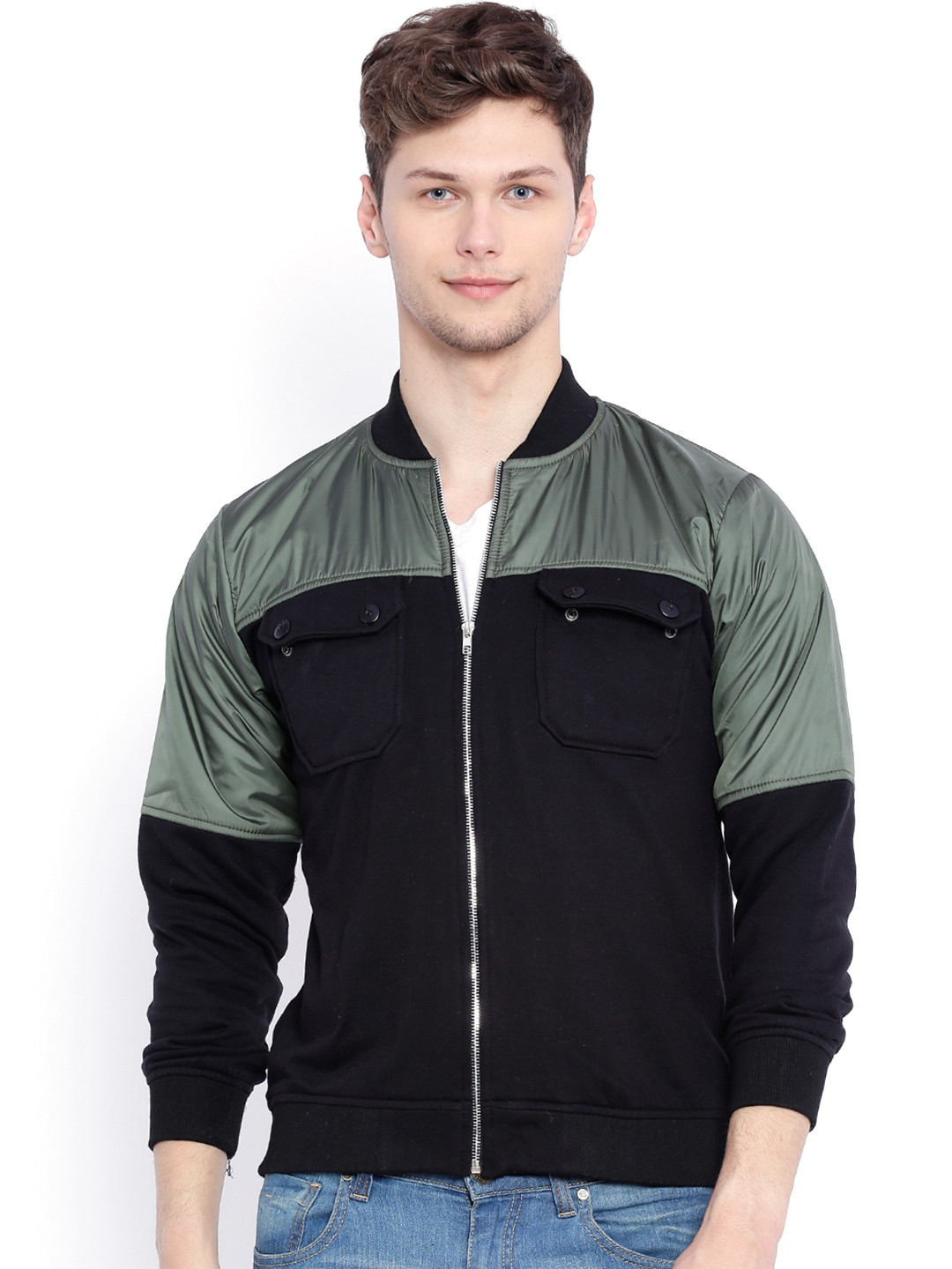 

Campus Sutra Black & Olive Green Colourblocked Bomber Jacket