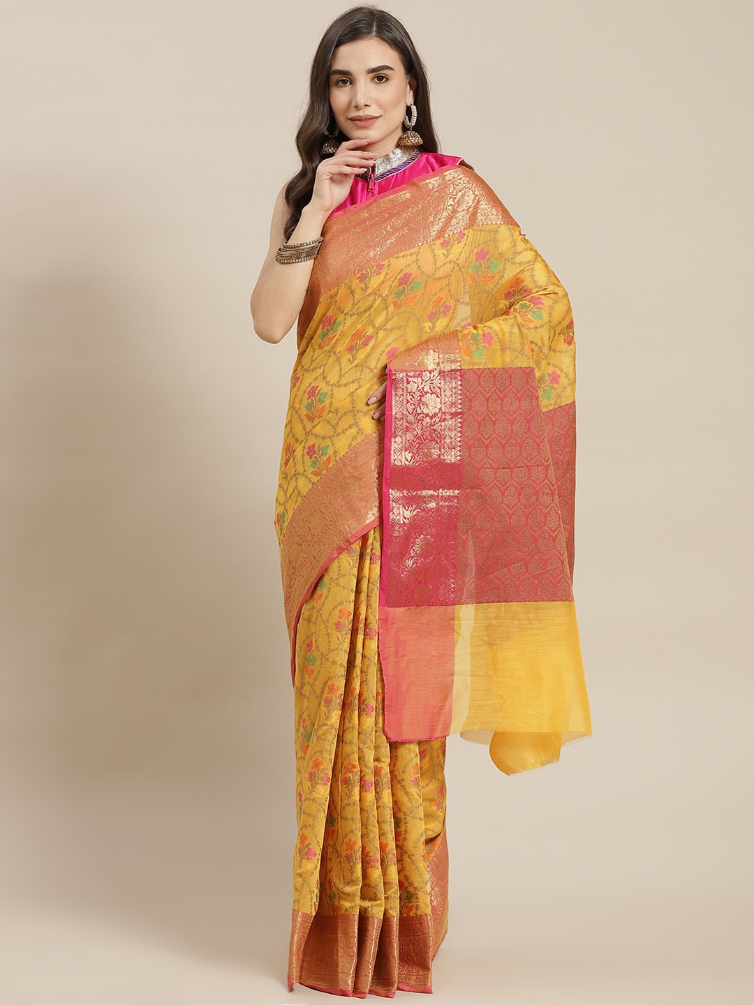 

Chhabra 555 Mustard Yellow & Red Floral Zari Silk Blend Chanderi Saree