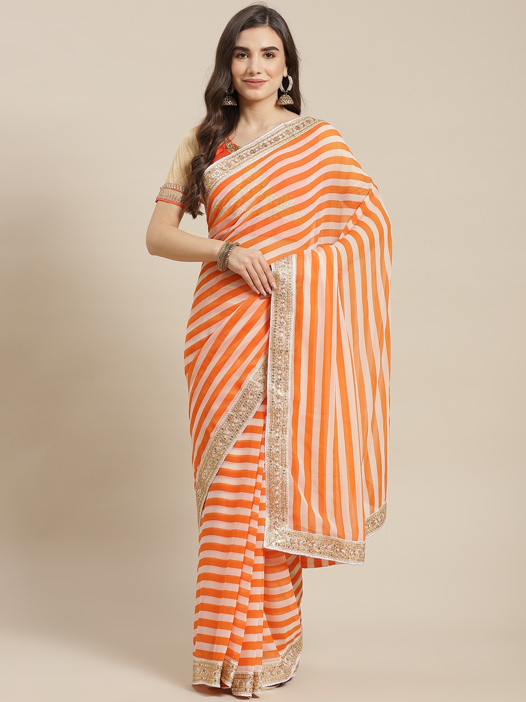 

Chhabra 555 Orange & White Striped Sequinned Leheriya Saree