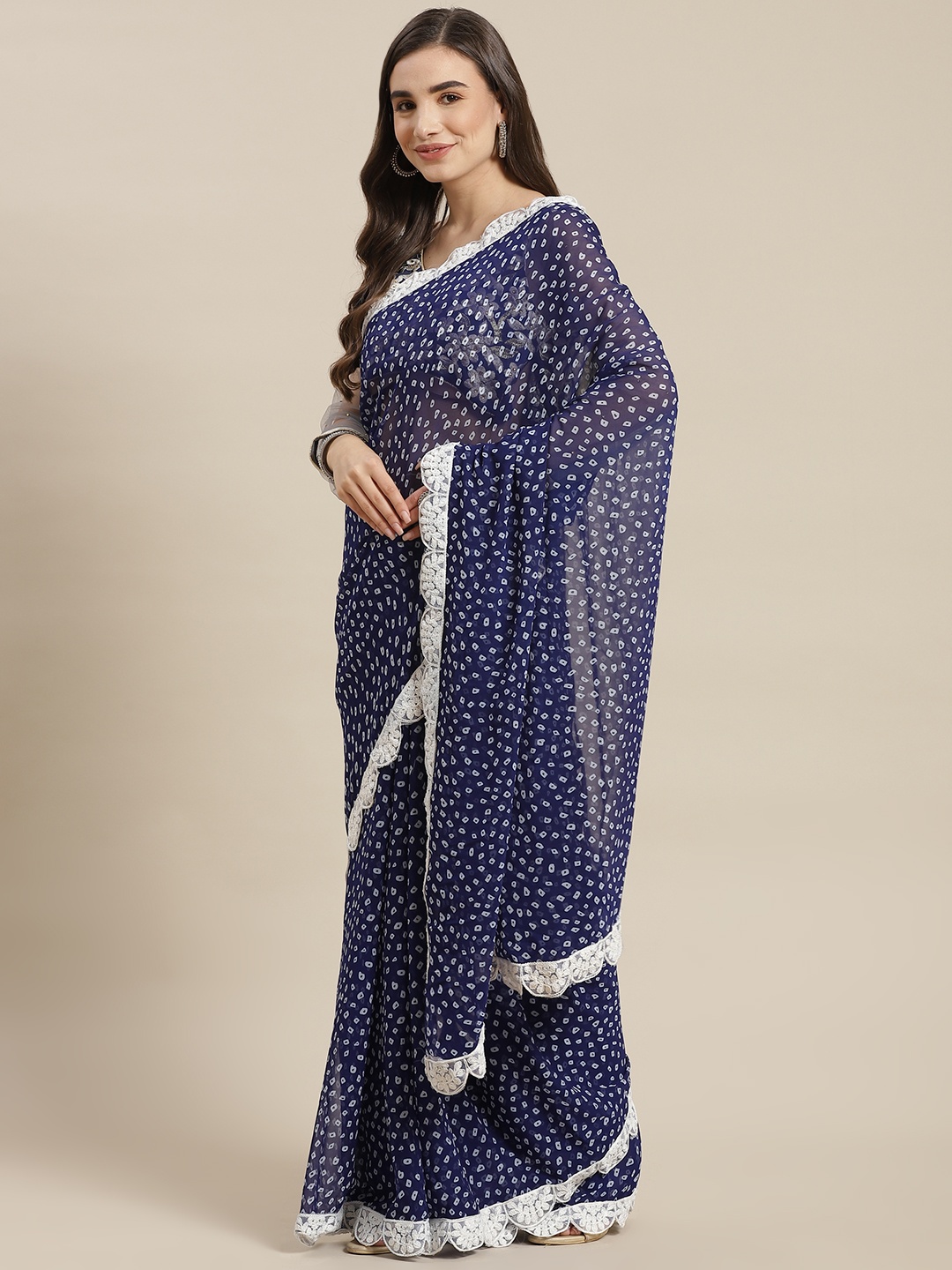 

Chhabra 555 Navy Blue & White Embroidered Bandhani Saree with Scalloped Border