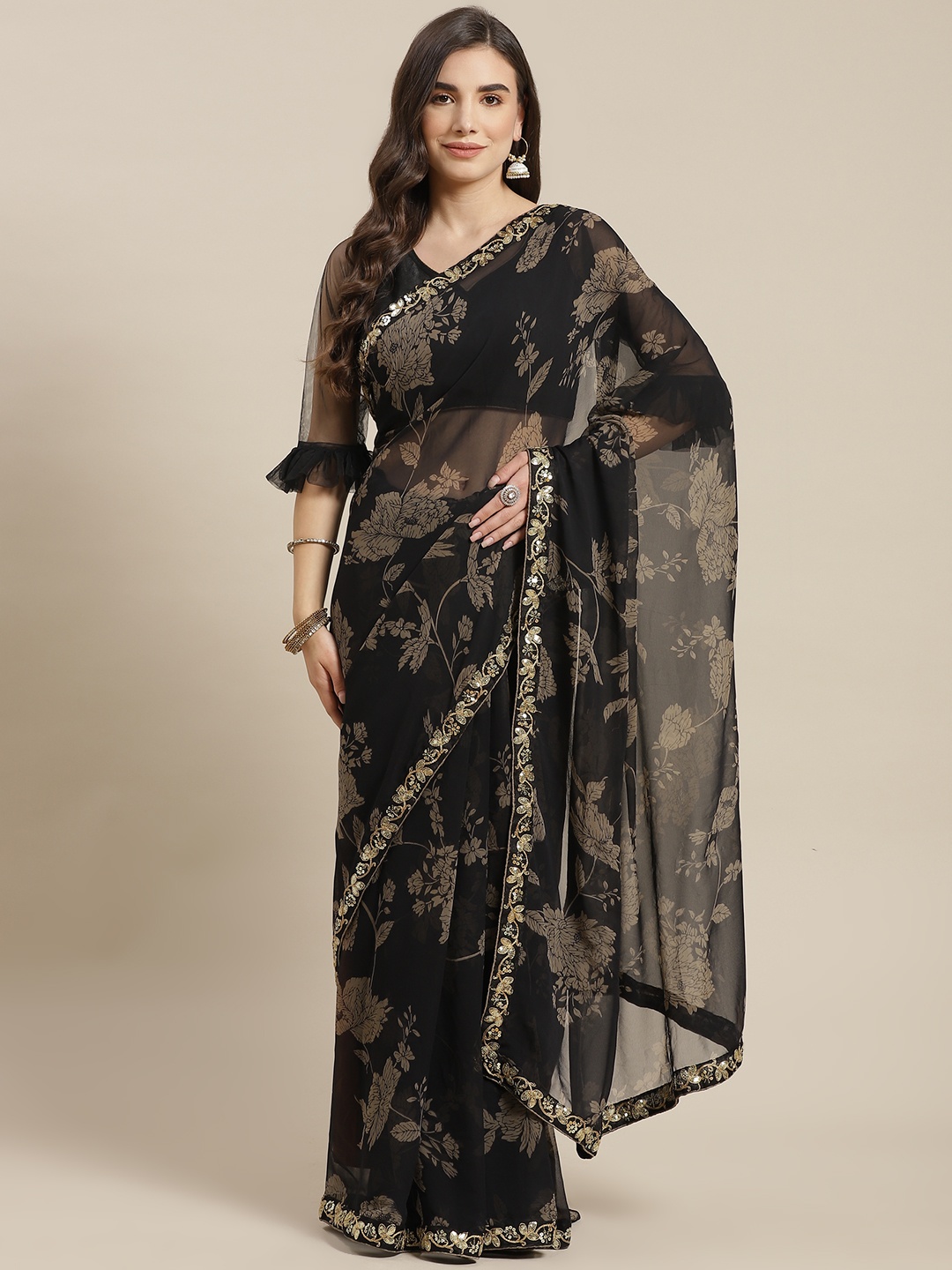 

Chhabra 555 Black & Gold-Toned Floral Sequinned Saree