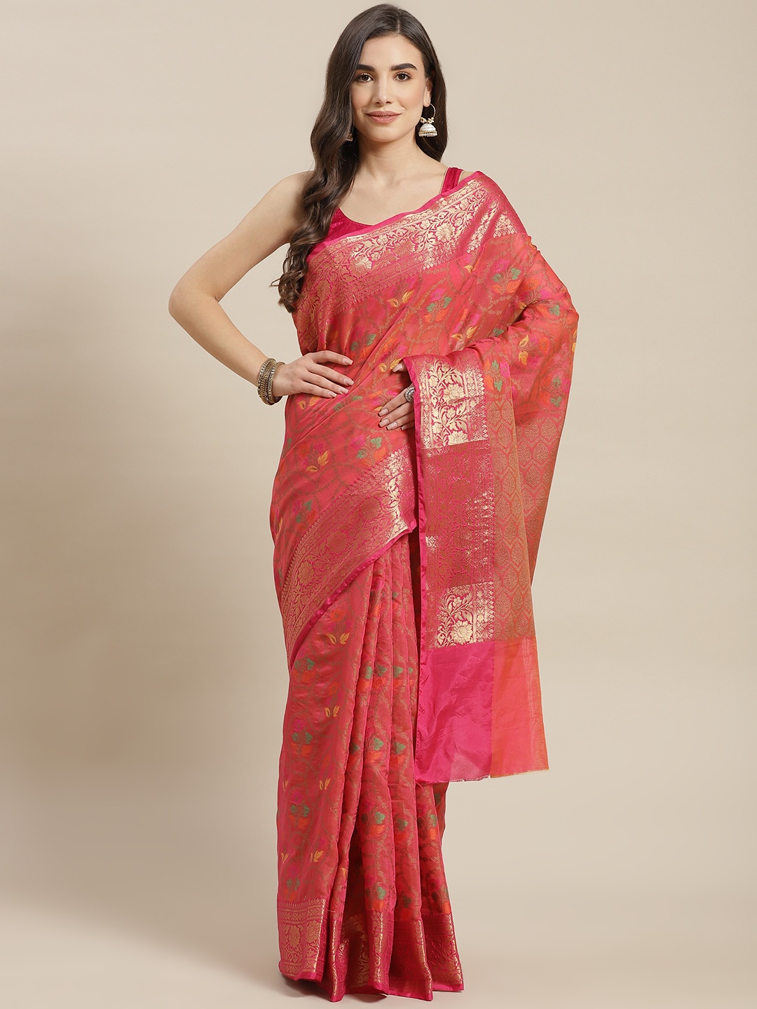 

Chhabra 555 Pink Floral Zari Silk Blend Handloom Jamdani Saree