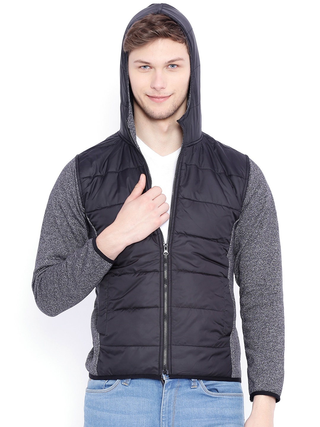 

Campus Sutra Black & Charcoal Grey Hooded Jacket