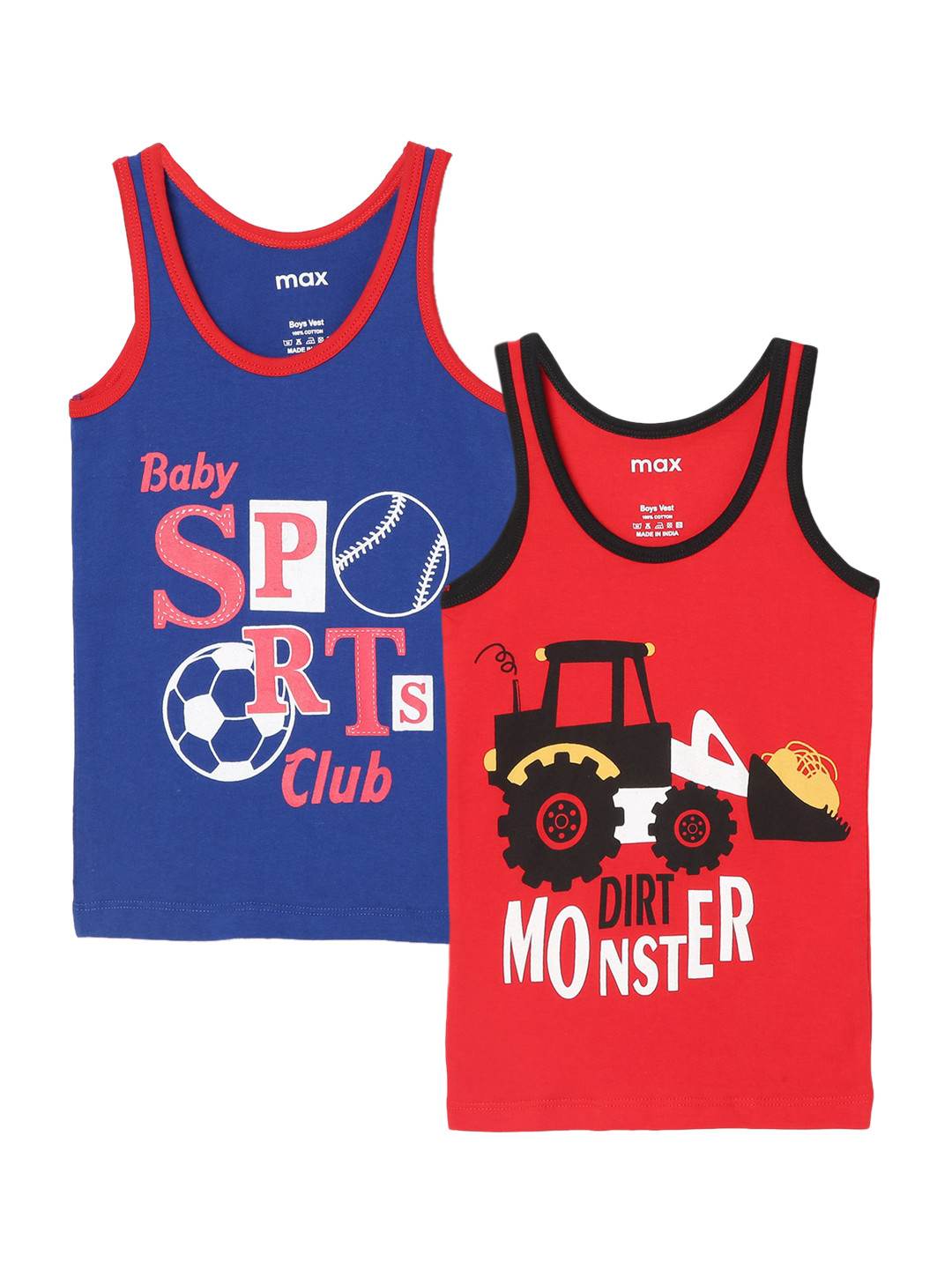 

max Boys Pack Of 2 Printed Cotton Innerwear Vests, Red