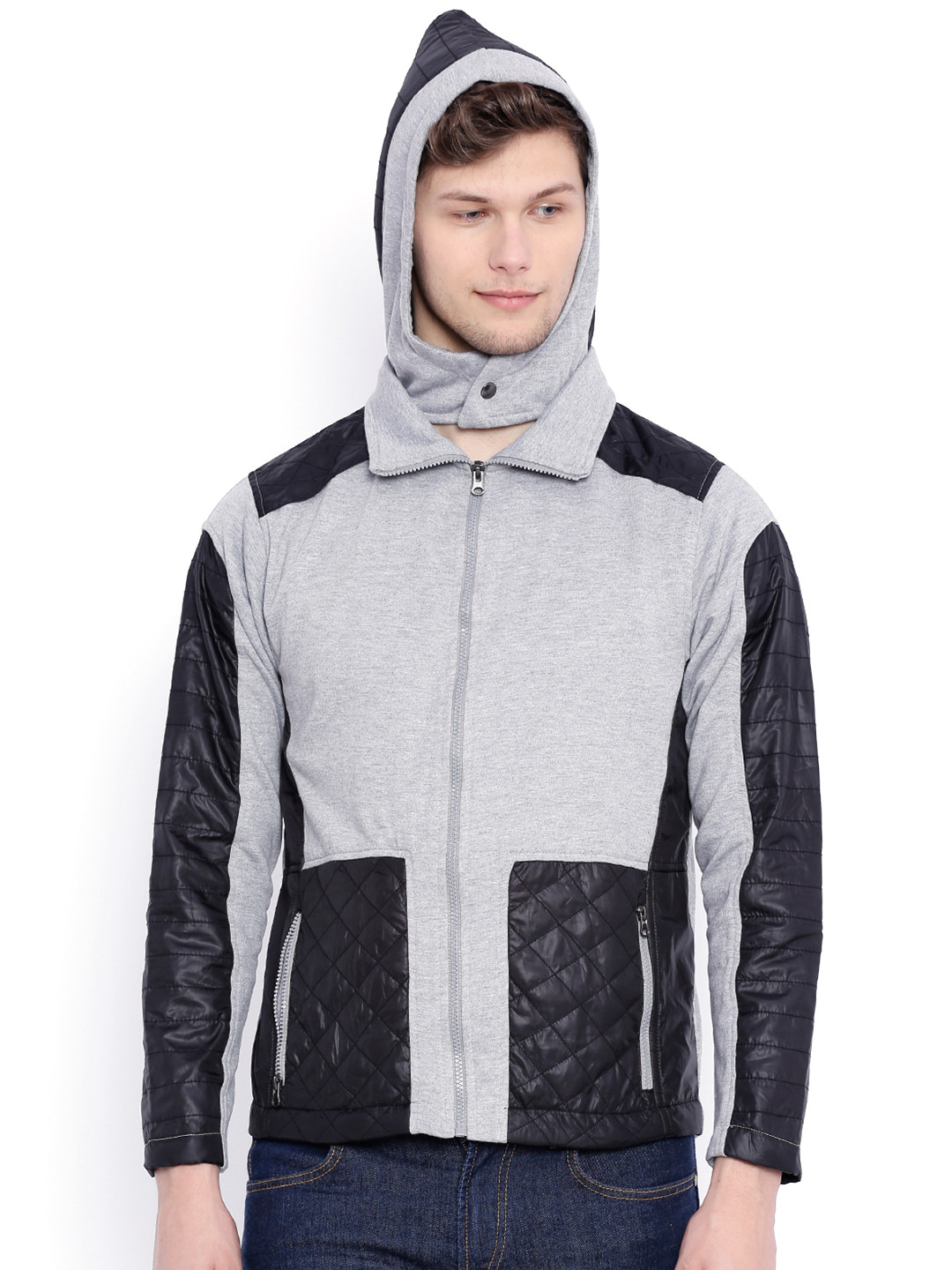

Campus Sutra Grey Hooded Jacket with Quilted Detail