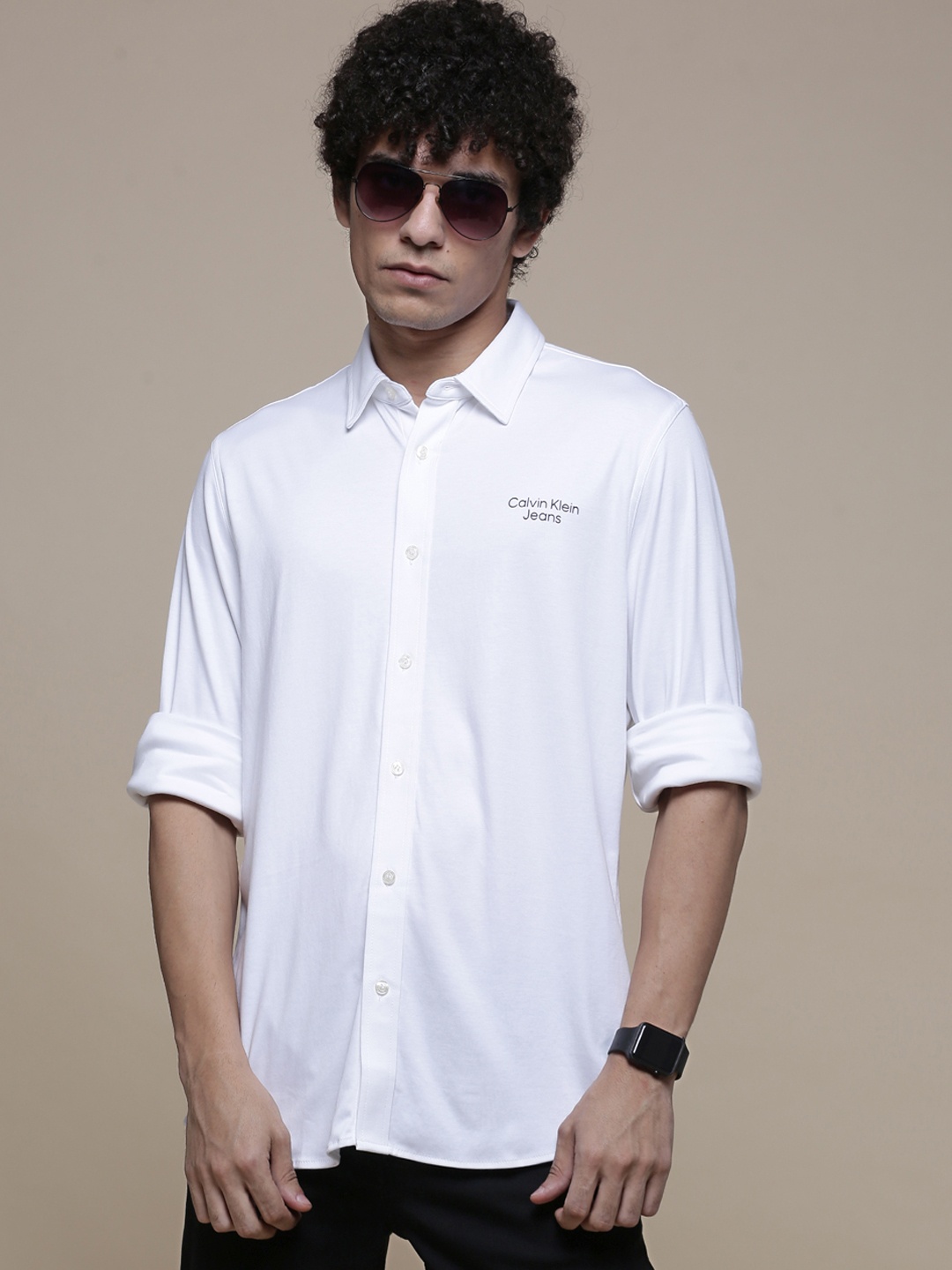 

Calvin Klein Jeans Men White Slim Fit Brand Logo Printed Casual Shirt