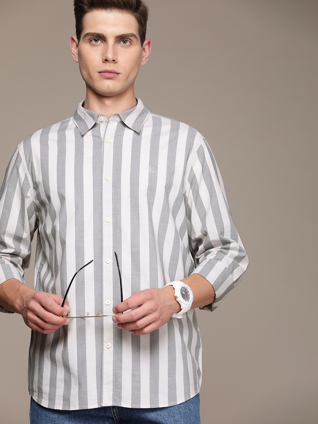 

Calvin Klein Jeans Men Grey & White Striped Casual Shirt