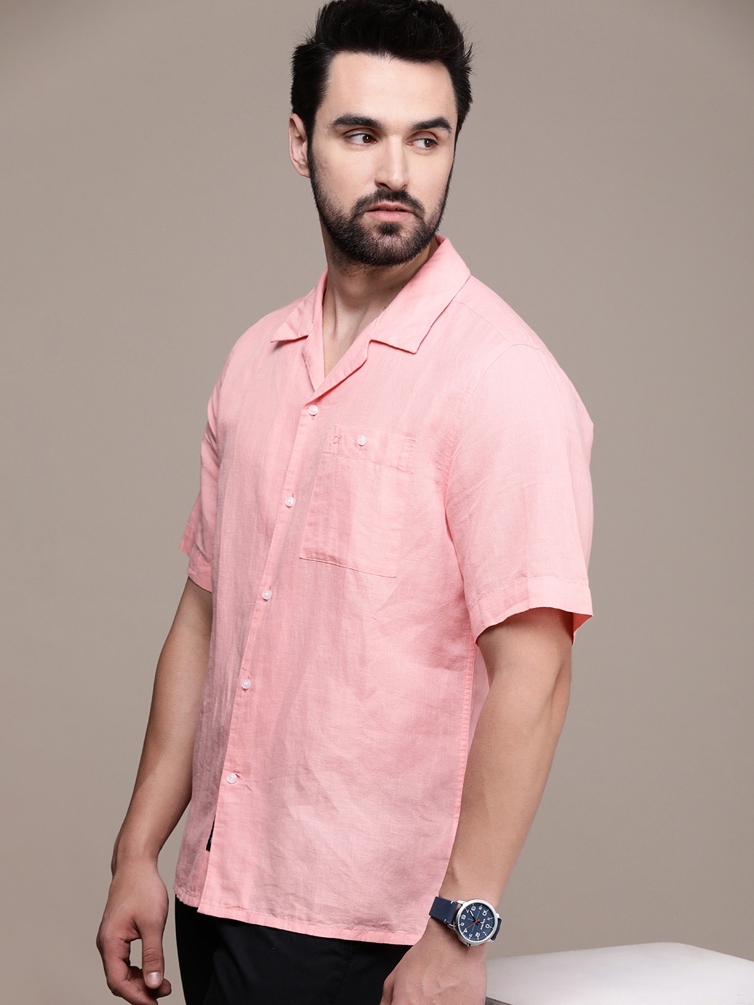 

Calvin Klein Jeans Men Linen Cotton Slim Fit Opaque Casual Shirt, Pink