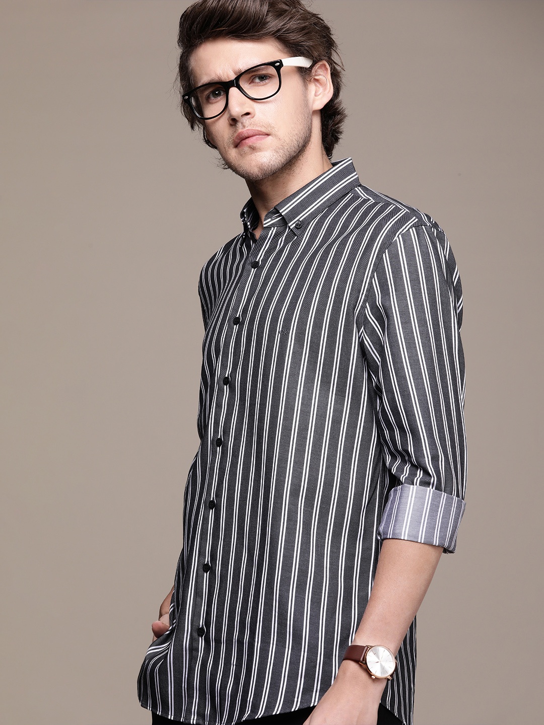 

Calvin Klein Jeans Men Black & White Slim Fit Striped Casual Shirt