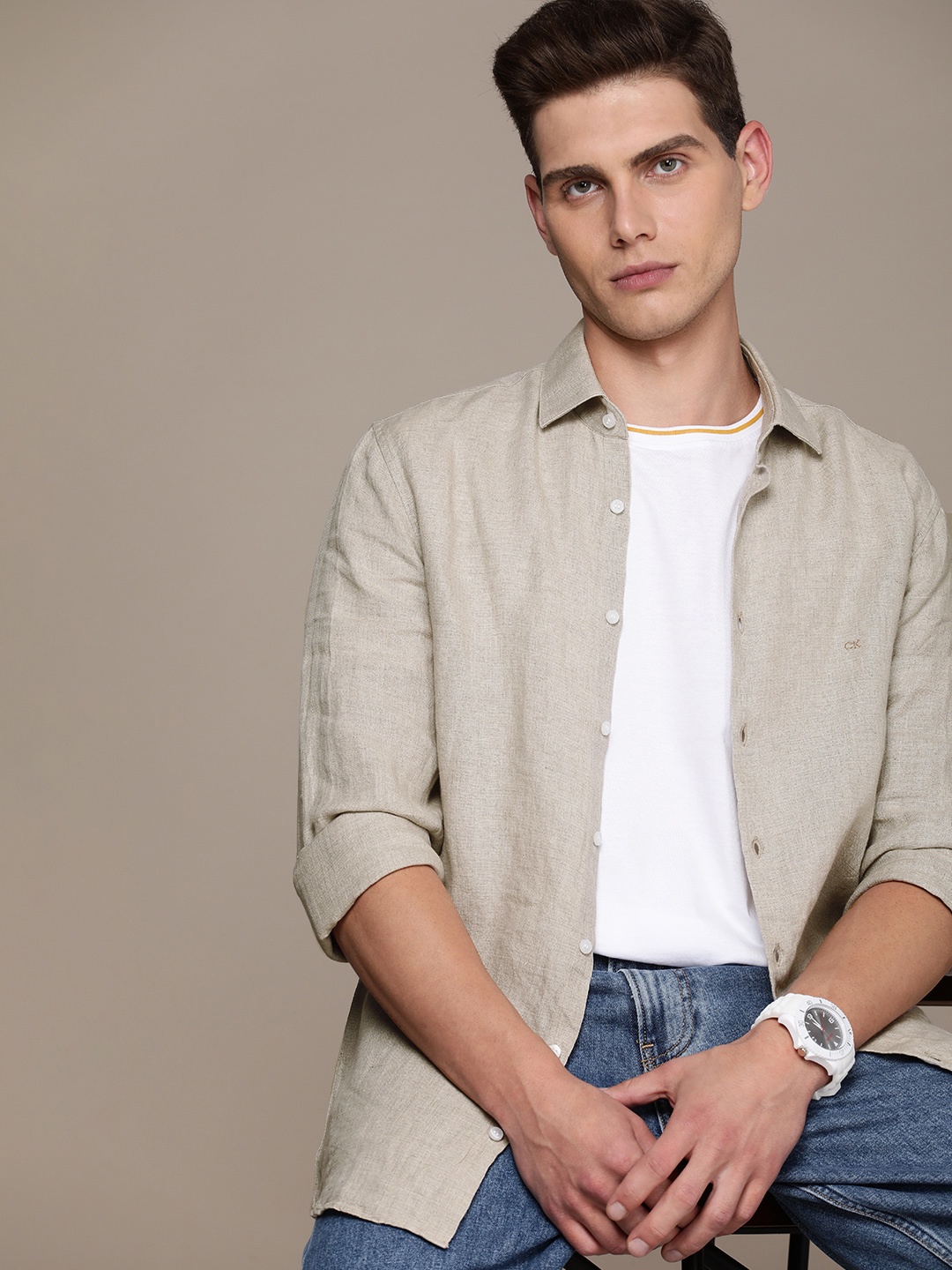 

Calvin Klein Jeans Men Beige Linen Slim Fit Casual Shirt