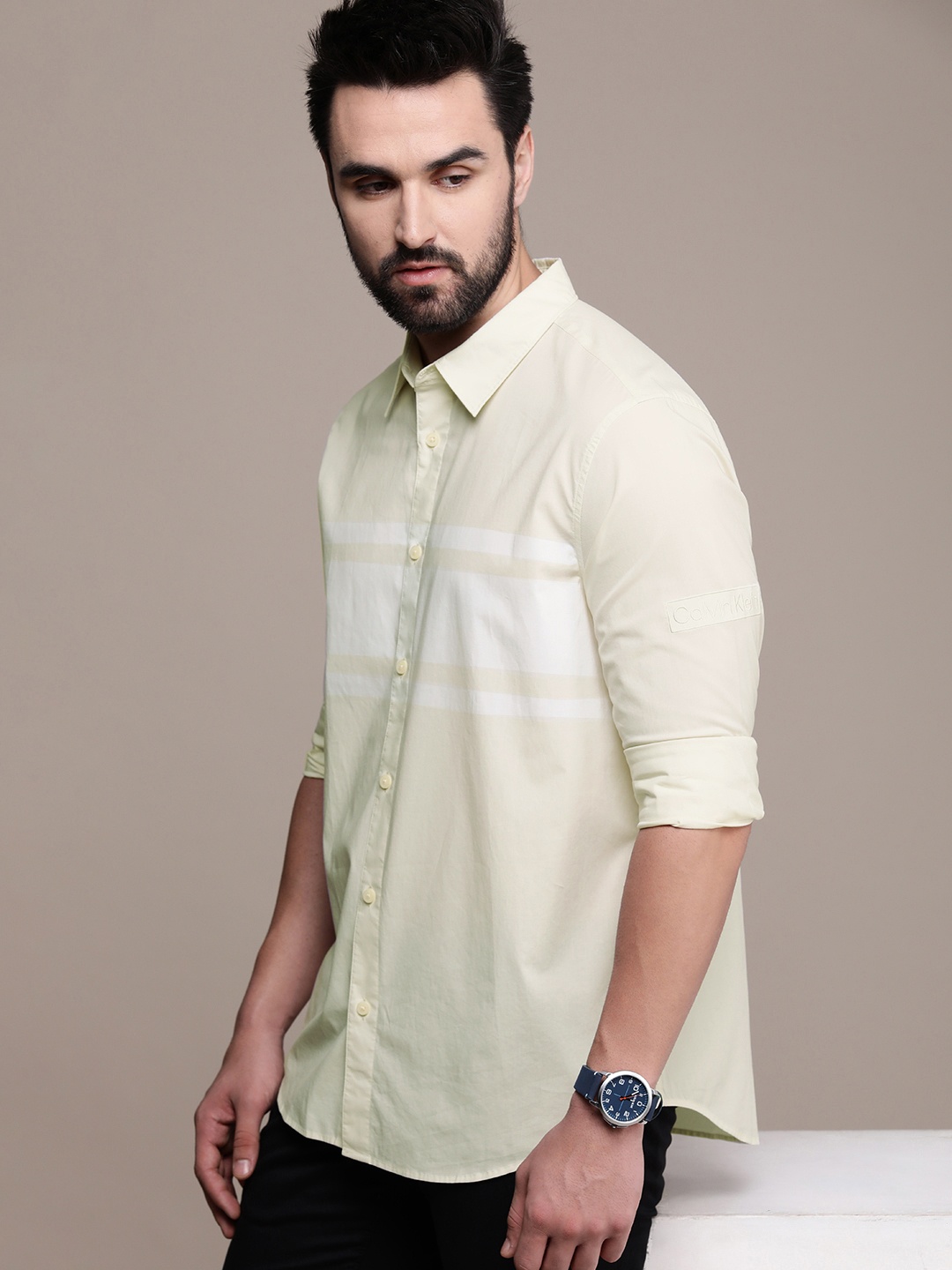 

Calvin Klein Jeans Men Opaque Striped Casual Shirt, Cream