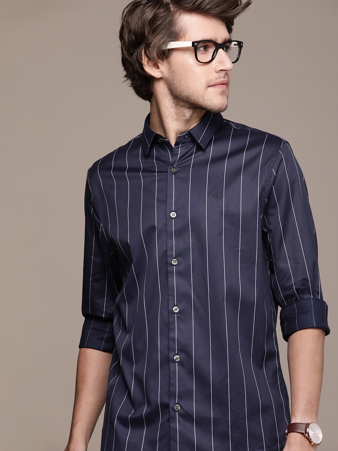 

Calvin Klein Jeans Men Navy Blue & White Slim Fit Striped Casual Shirt
