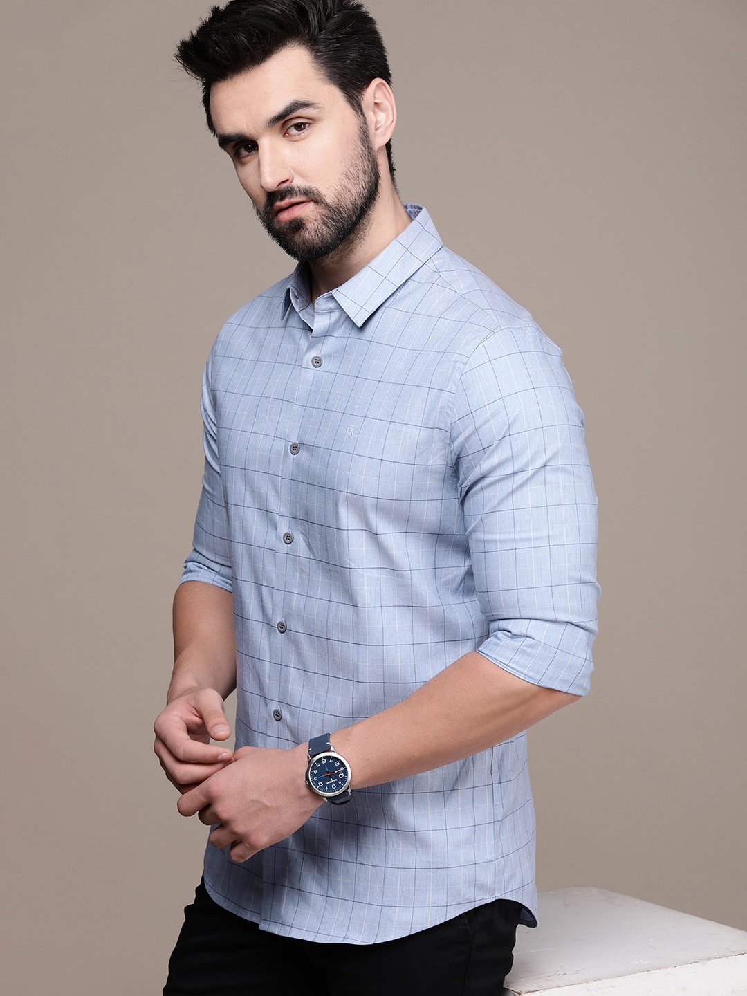 

Calvin Klein Jeans Men Slim Fit Opaque Checked Casual Shirt, Blue