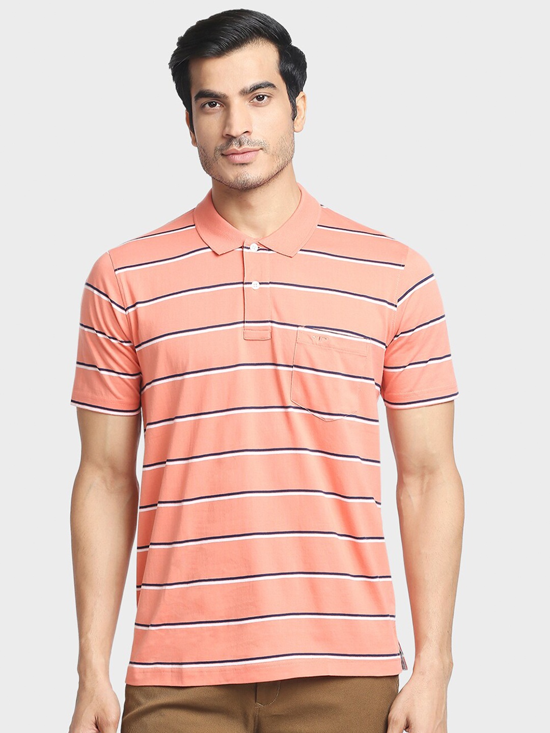 ColorPlus Men Orange Striped Polo Collar Pockets T-shirt