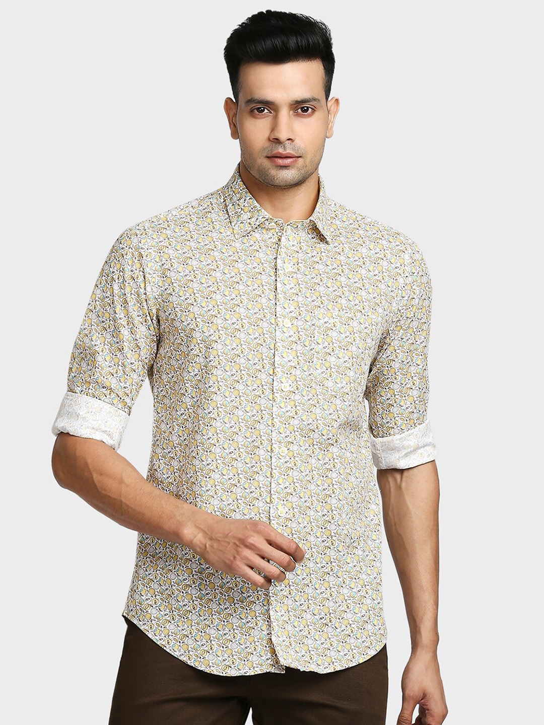 

ColorPlus Men Yellow & White Printed Cotton Casual Shirt