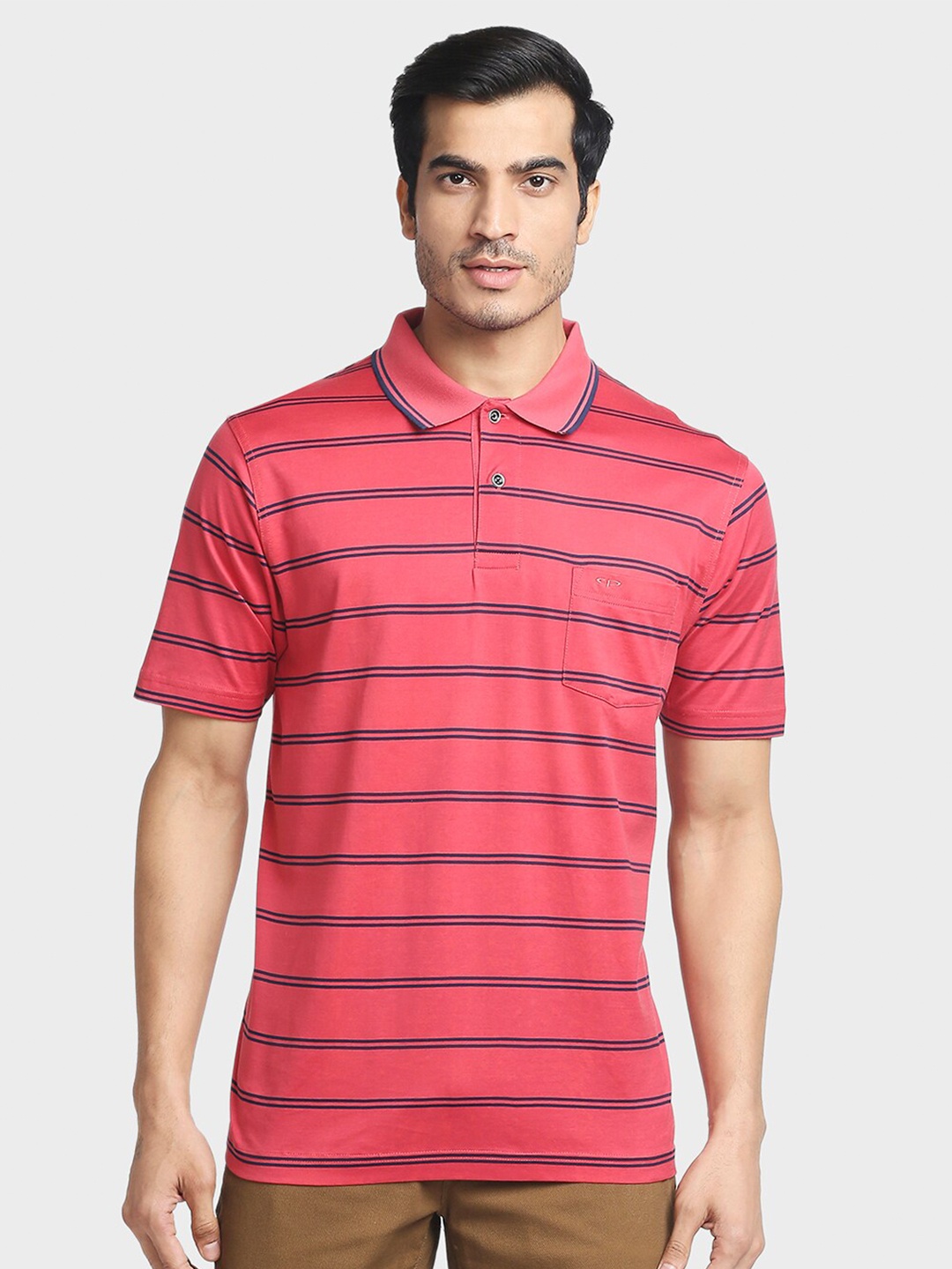 

ColorPlus Men Pink & Blue Striped Polo Collar T-shirt