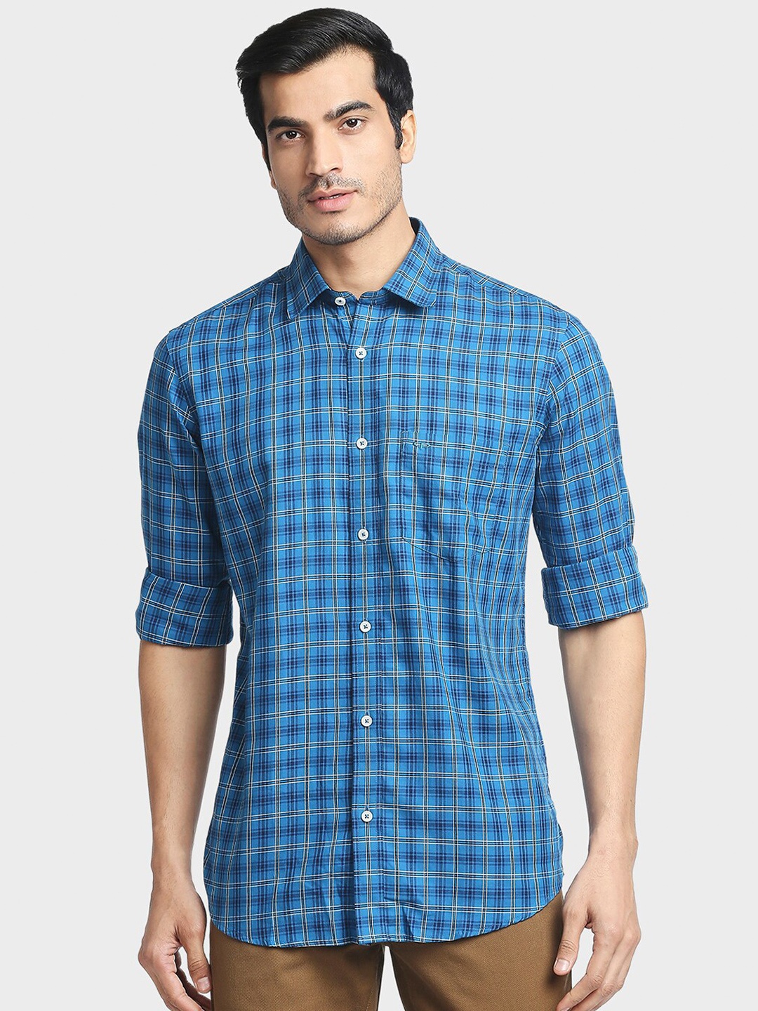 

ColorPlus Men Blue Tailored Fit Checked Cotton Casual Shirt