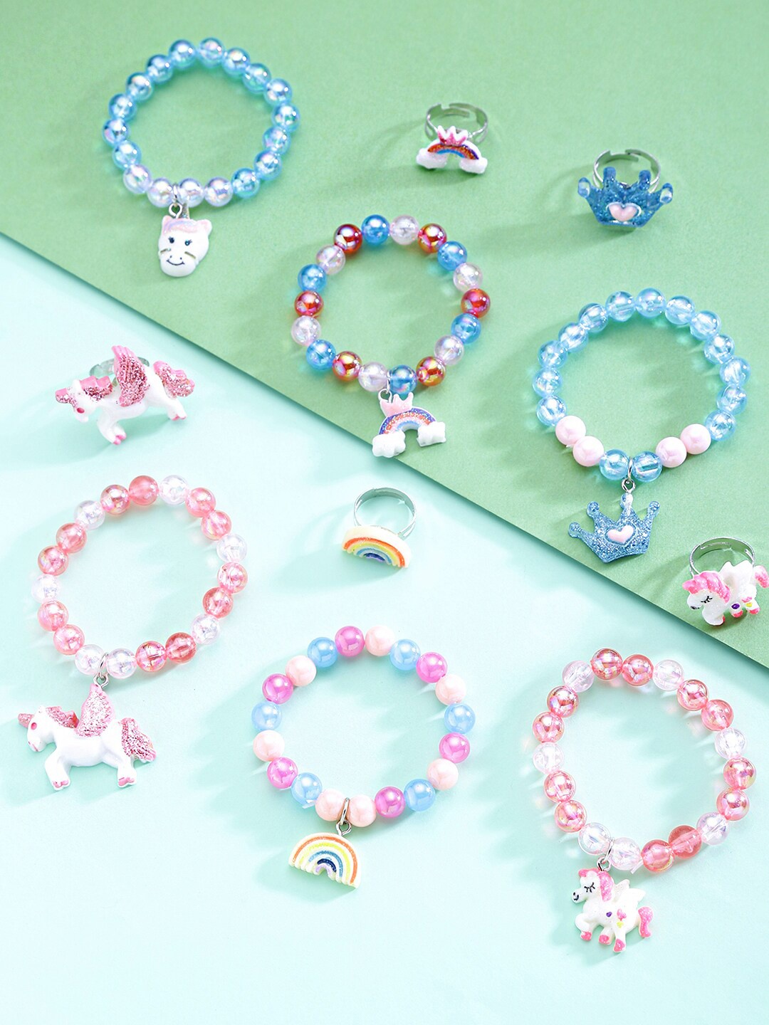 

Yellow Chimes Girls Set Of 11 Bracelets With Adjustable Finger Rings, Blue